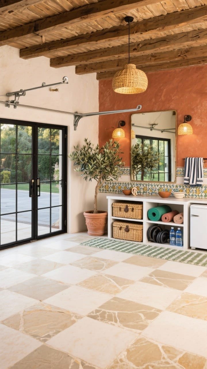Medium straight-on shot: A Mediterranean outdoor-in garage gym with terracotta limewashed walls and checkerboard stone-look vinyl flooring in sand and cream; black steel-and-glass sliding doors opened to the driveway for fresh-air circuits; a white powder-coated rack and rattan storage trunks for mats and bands; a hydration nook with a mini fridge and a hand-painted tile backsplash; woven pendant lights warming the ceiling; olive trees in clay planters flanking a full-height mirror; accents include striped Turkish towels, ceramic bowls for chalk, and a patterned runner at the entry; terracotta, sand, chalk white, olive green palette; golden, airy lighting for vacation energy; photorealistic.