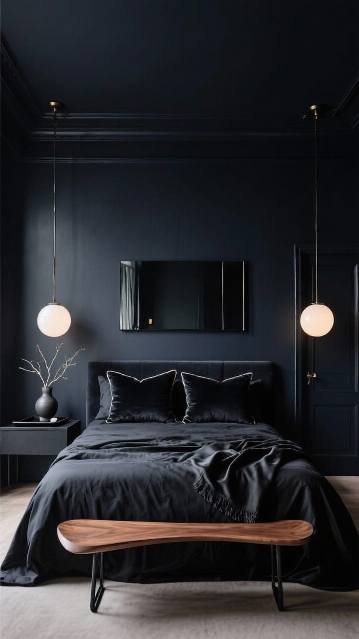 Medium, straight-on view, Inky Monochrome Luxe: an enveloping bedroom where walls, ceiling, and door are painted in deep inky-blue-black with a subtle sheen. Over the headboard hangs a smoked mirror that reflects low light. Bed dressed in crisp black linen, two midnight velvet euro pillows, a silk-edged throw. At the foot, a thin-profile sculptural walnut bench with blackened steel accents. On a slim night surface: a matte-black tray and a ceramic vase with minimalist branches. Pair of milk-glass globe pendants glow warmly, creating gallery-like drama, photorealistic, no people.
