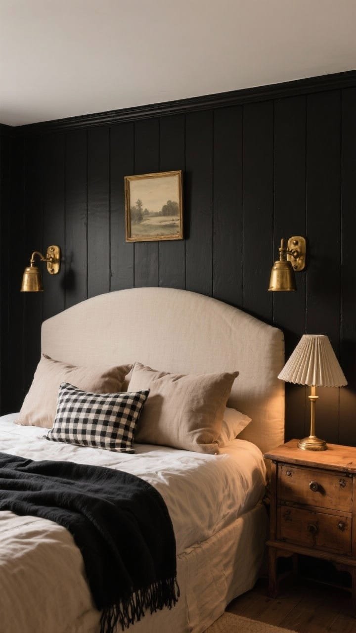 Medium, straight-on view, Noir Cottage With Warm Brass: soot-black walls with a tongue-and-groove half wall painted the same shade for texture. A curved mushroom-beige linen headboard softens the scene. Warm aged-brass sconces flank the bed; brass hardware includes pulls and a small picture light illuminating a vintage-inspired muted landscape. Bedding: beige linen duvet with a stack of taupe and black gingham pillows and a black-edge throw. A petite antique pine dresser sits nearby; a small pleated bedside lampshade adds charm. Warm 2700–3000K lighting, layered, cozy, photorealistic, no people.
