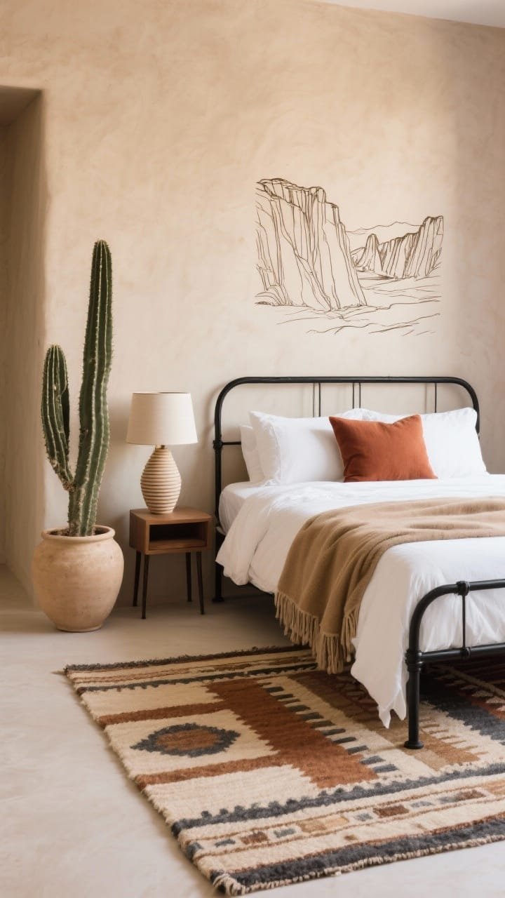 Medium, straight-on view of a desert modern bedroom with pale adobe walls and a matte black metal bedframe. Flat-woven kilim rug in sand, tobacco, and slate underfoot. Bed styled with crisp cotton percale sheets, a camel throw, and a spice-toned lumbar pillow. Sculptural cactus in a sandy ceramic pot, ribbed earthenware table lamp on a nightstand, and a minimal sepia line art of canyon forms above the bed. Clean lines, sun-bleached hues, warm natural daylight.
