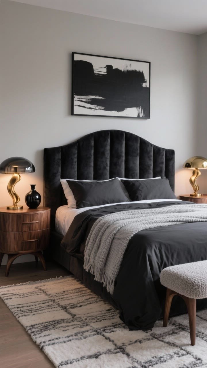 Medium straight-on vignette, Luxe Modern Retreat With Charcoal Velvet & Walnut Curves: a sophisticated bedroom scene featuring a wall-wrapping charcoal velvet channel headboard behind an upholstered bed. Bedding layers include silky sateen charcoal sheets, a pale gray knit coverlet, and a casually draped cashmere throw. Curved walnut nightstands and a matching arched walnut dresser visible, with a bouclé upholstered bench at the foot. Brass sculptural sconces flank the bed; a smoked-glass mushroom lamp glows on one nightstand. A hand-knotted rug in chalk and graphite underfoot, abstract charcoal artwork above, and a single glossy black vase as a minimalist accent. Palette: charcoal, deep walnut, pearl gray, brushed brass. Evening, warm ambient lighting, photorealistic.