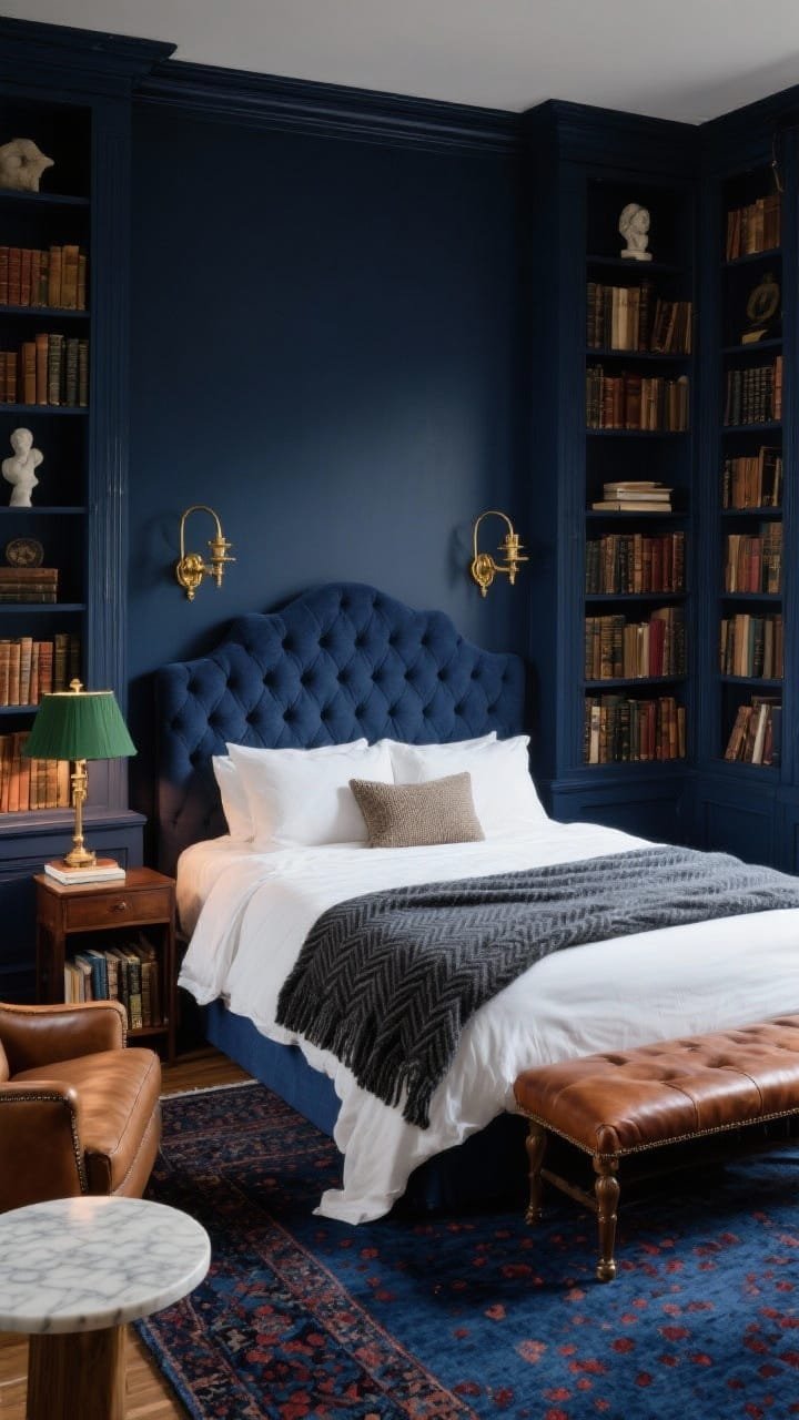 Medium-wide corner angle: A midnight library-style bedroom with saturated midnight navy walls and floor-to-ceiling built-in shelves filled with worn hardbacks, small sculptures, and subtle brass accents. Centered is a tufted deep indigo wingback bed dressed with crisp ivory percale sheets, topped with a charcoal herringbone wool throw and tweed euro shams. A walnut bench with a saddle-leather cushion sits at the foot. Antique brass library sconces are mounted above the headboard, and a green-shade banker’s lamp glows on the nightstand. An inky blue Persian-style rug with oxblood flecks grounds the scene. Include a small reading nook: a low-profile leather club chair with a round marble-topped side table. Warm, intimate lighting, photorealistic, no people.