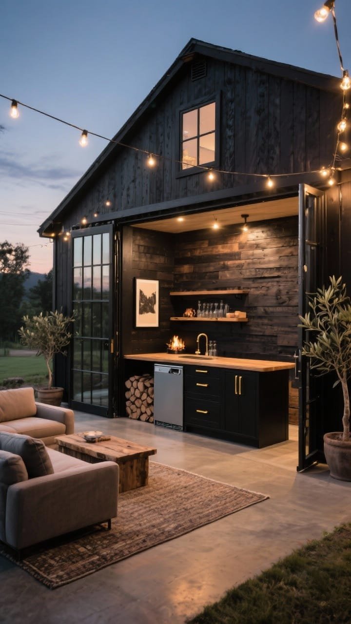 Medium-wide entertainer’s barn setup with doors open: black barn exterior and accordion glass garage doors folding to a patio; inside, a charred shou sugi ban accent wall backing a matte black wet bar with brass pulls and a reclaimed wood countertop; undercounter fridge, ice drawer, and compact dishwasher integrated; sealed concrete floor with a subtle warm tint; modular sofa against the back wall with an indoor-outdoor rug; cafe lights strung from the gable to a steel post creating a festive glow; decor includes black-framed art, a stacked firewood niche, and potted olive trees; twilight ambience; photorealistic.