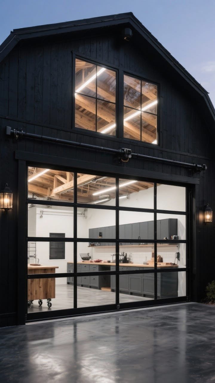 Medium-wide front view of a barn-shaped garage whose facade is largely gridded black-framed glass, revealing a glowing studio-like workshop; interior shows charcoal epoxy-coated floors, exposed glulam beams overhead, ceiling-mounted LED strip channels between rafters, and sleek graphite powder-coated cabinets; a wall-mounted track system and a butcher-block island on casters visible inside; exterior cladding in satin black shiplap with oversized clerestory windows above; full-view glass garage door with black dividers; evening scene where the building reads like a modern lantern; photorealistic.