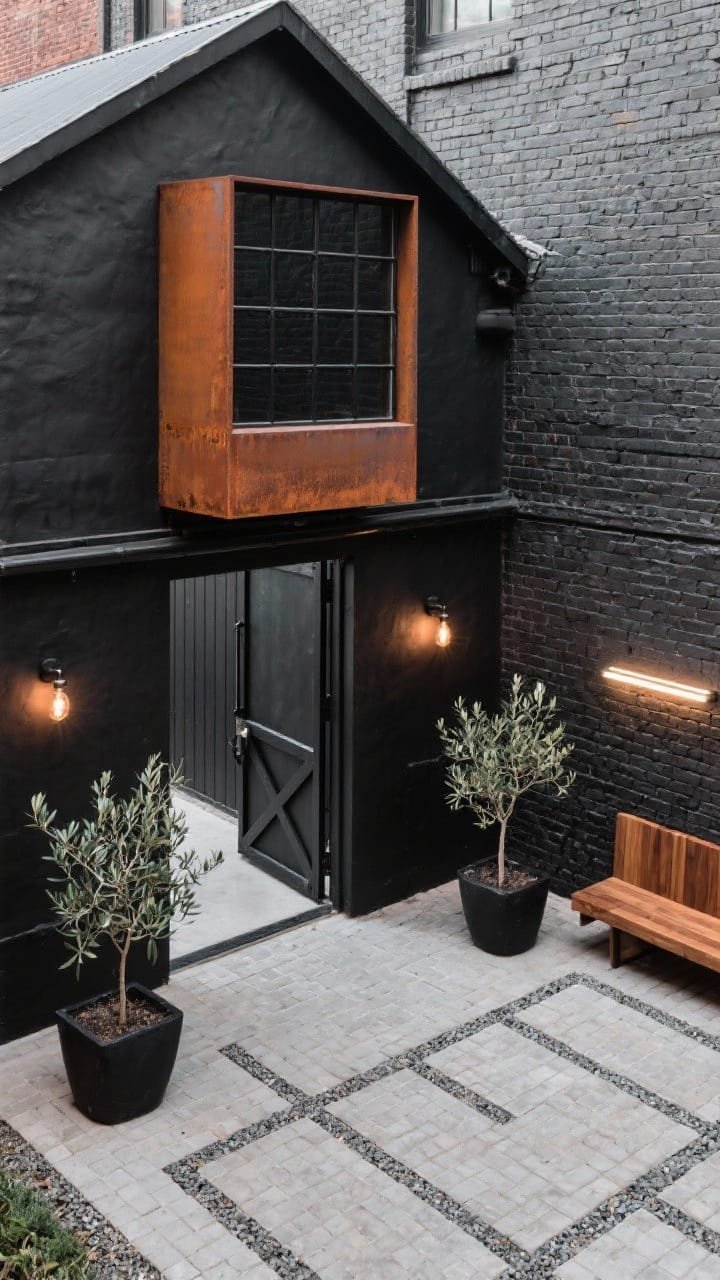 Overhead corner-angle view into an Urban courtyard barn entry: lower level in charcoal brick, upper walls in smooth black stucco, projecting Corten steel entry box with rich rust patina; massive steel-framed divided-light windows; sliding black steel gate partially open to reveal a compact courtyard with geometric pavers, black planters holding potted olive trees, and a built-in ipe wood bench; linear wall washers and warm Edison-style sconces casting industrial glow; palette of black, rusted Corten, and deep gray brick.