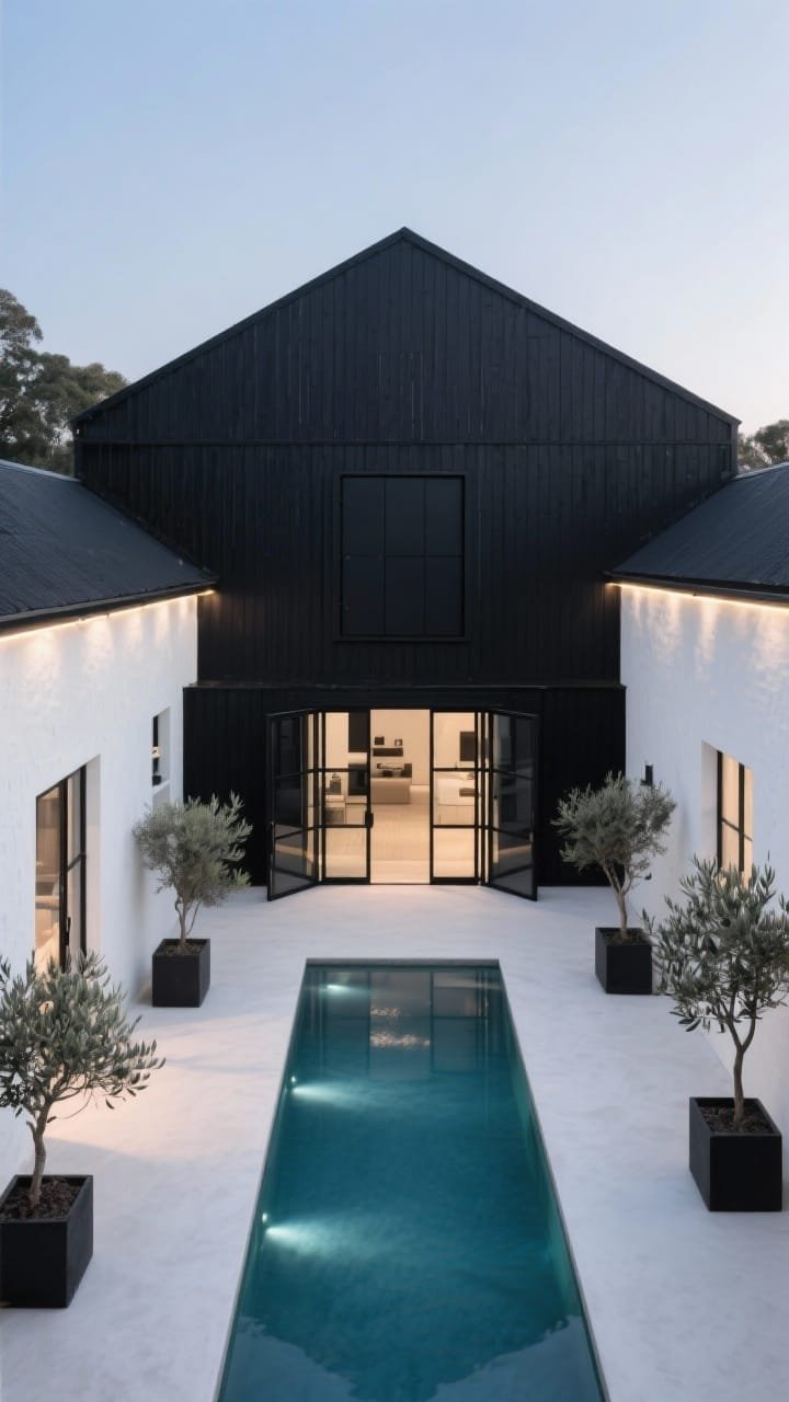 Overhead courtyard view inside a minimalist black barn compound: flush black cladding and a simple black cube entry enclosing a serene central courtyard; a narrow lap pool edged in white microcement; white plaster walls, olive trees in planters; black steel-framed multi-panel sliders with slim stiles fully open to the courtyard; recessed eave lighting and subtle underwater LEDs glowing at dusk; tranquil, photorealistic.