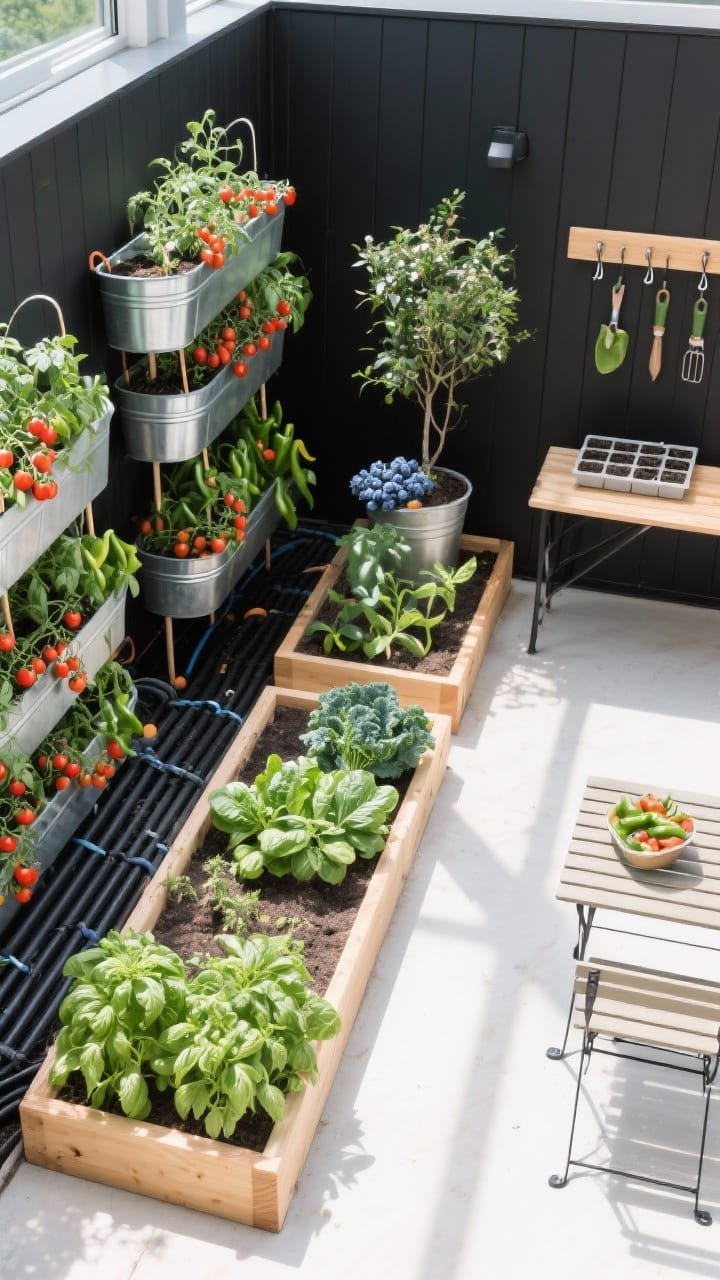 Overhead detail, Edible-Modern Micro Farm: a clean L-shaped arrangement of modular raised beds and stacked galvanized planters planted tightly with cherry tomatoes on supports, basil, peppers, kale, and a compact blueberry shrub; neat black drip irrigation tubing laid along rows, slatted wood edging framing beds, a narrow potting bench with hooks for hand tools and a small shelf with seed trays, a folding metal table nearby for harvests; color scheme of black, cedar, and fresh green; photorealistic, bright daylight with crisp shadows highlighting organized, modern productivity.