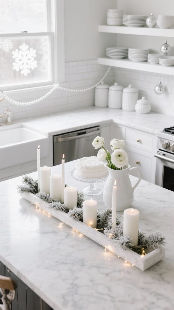 Overhead detail, Modern Monochrome Kitchen With White Winter Accents: Top-down view of a marble/quartz kitchen island styled with a long trough of white pillar candles in varying heights, frosted pine sprigs tucked between, subtle warm fairy lights discreetly draped along a white tile backsplash edge; white ceramic canisters, a milk-glass cake stand, and a porcelain pitcher filled with white ranunculus/paperwhites; open shelving nearby stacked with all-white dinnerware and a few glossy white ornaments for shine; window sill with delicate white snowflake decals and a thin white bead garland; clean, crisp, festive minimalism.