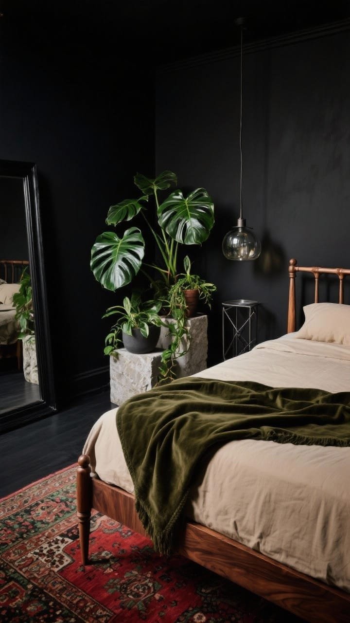 Overhead detail shot: “Botanical Noir Haven” vignette capturing matte black walls meeting an oatmeal bedding surface with a deep olive velvet throw draped across. Edge of a walnut spindle bed visible for airy linear detail. Cluster of plants—fiddle leaf, monstera, and trailing pothos—arranged on stone plinths and a metal stand; smoked glass pendant glow reflected subtly. Include a corner of a Persian-style rug in inky reds and greens and a glimpse of a black-framed floor mirror catching soft, moody light. Palette: matte black, walnut, olive, oatmeal, inky red. Dramatic, plant-rich, low light; photorealistic.