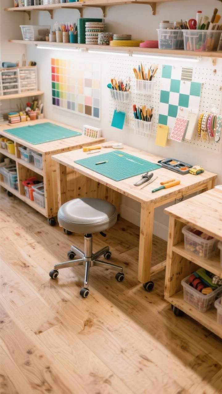 Overhead detail shot in the “Creative Maker’s Studio”: light oak vinyl plank floor as warm backdrop, modular worktables on casters with cutting mats and tools, open birch shelving edges visible, transparent bins showing craft supplies, a checkerboard of muted-color pegboard panels holding brushes and small tools, swatch cards and washi tapes arranged, a stool upholstered in wipeable vinyl tucked under the table, high-CRI LED light casting accurate, even illumination; colorful, craft-ready, organized.