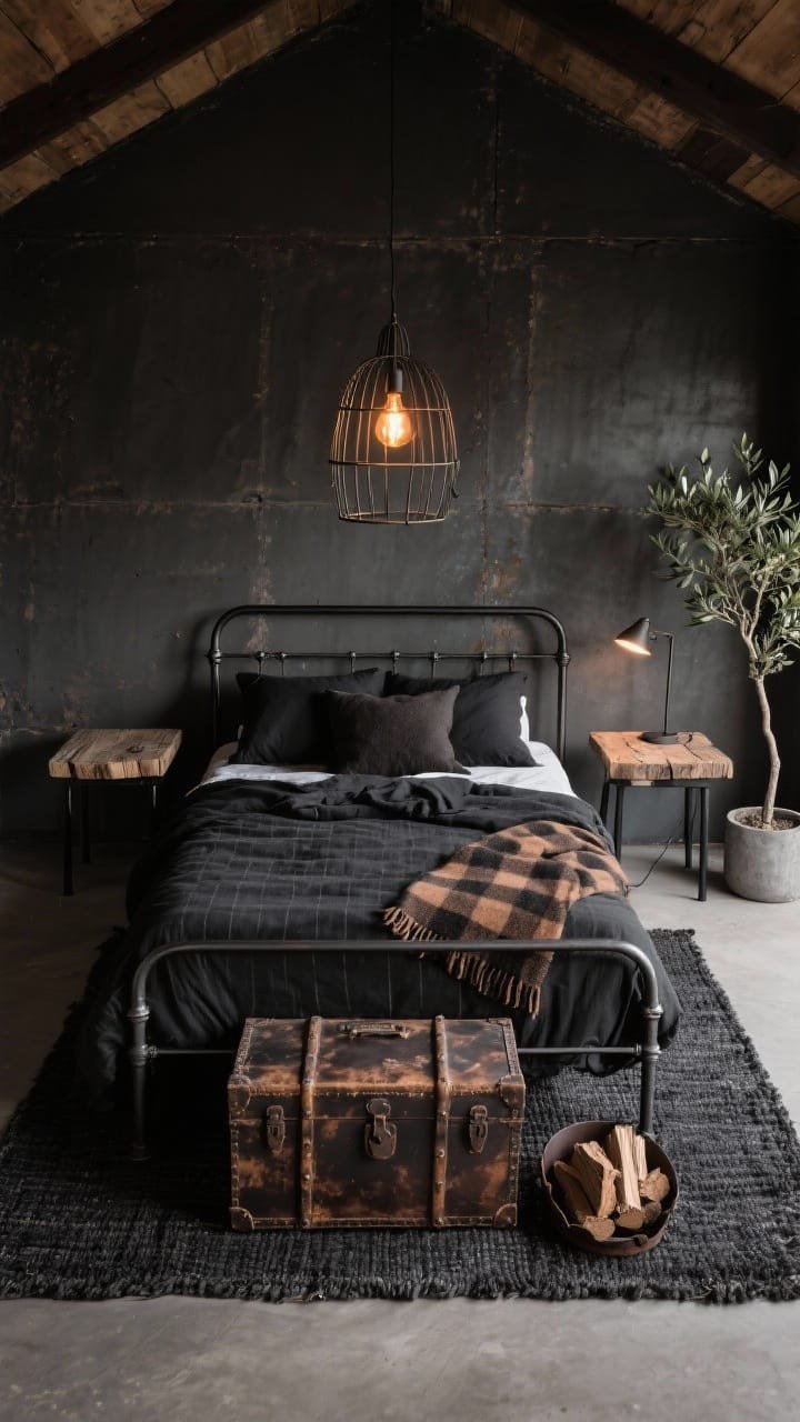 Overhead detail shot: Industrial cabin textures on a deep graphite backdrop—focus on a matte iron bed frame dressed with coal flannel sheets and a black-and-brown buffalo-check wool blanket. At the foot, a distressed leather trunk; beside the bed, reclaimed wood slab nightstands on black steel legs. Caged metal pendant with an amber Edison bulb glows warmly above, complemented by a rough-hewn floor lamp’s light spilling across a charcoal jute rug. Include a cast-iron log holder near the edge of the frame and a single olive tree in a cement planter for a subtle touch of green. Photorealistic, rugged yet warm, no people.