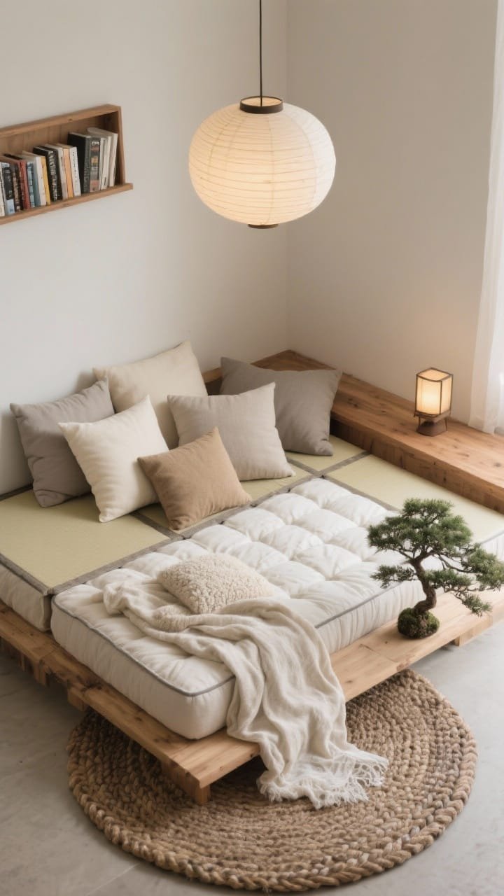 Overhead detail shot, photorealistic “Modular Floor Nest With Layered Neutrals”: a modular floor mattress/tatami base topped with stacked futon cushions; pillows in cream, mushroom, and greige mixed in various sizes for adjustable lounging; a low raw-edge wood plank used as a side surface holding a petite table lantern; an oak picture ledge above (partially in frame) displaying a small rotating lineup of current books; lighting includes a rice paper pendant overhead casting gentle ambient glow; textiles layered: stonewashed linen throw, nubby wool pillow, cotton gauze blanket; thick braided wool rug defining the zone; a small bonsai or ikebana-style arrangement adding a Zen touch; serene, soft, tactile emphasis; no people.