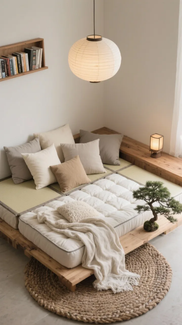 Overhead detail shot, photorealistic &ldquo;Modular Floor Nest With Layered Neutrals&rdquo;: a modular floor mattress/tatami base topped with stacked futon cushions; pillows in cream, mushroom, and greige mixed in various sizes for adjustable lounging; a low raw-edge wood plank used as a side surface holding a petite table lantern; an oak picture ledge above (partially in frame) displaying a small rotating lineup of current books; lighting includes a rice paper pendant overhead casting gentle ambient glow; textiles layered: stonewashed linen throw, nubby wool pillow, cotton gauze blanket; thick braided wool rug defining the zone; a small bonsai or ikebana-style arrangement adding a Zen touch; serene, soft, tactile emphasis; no people.