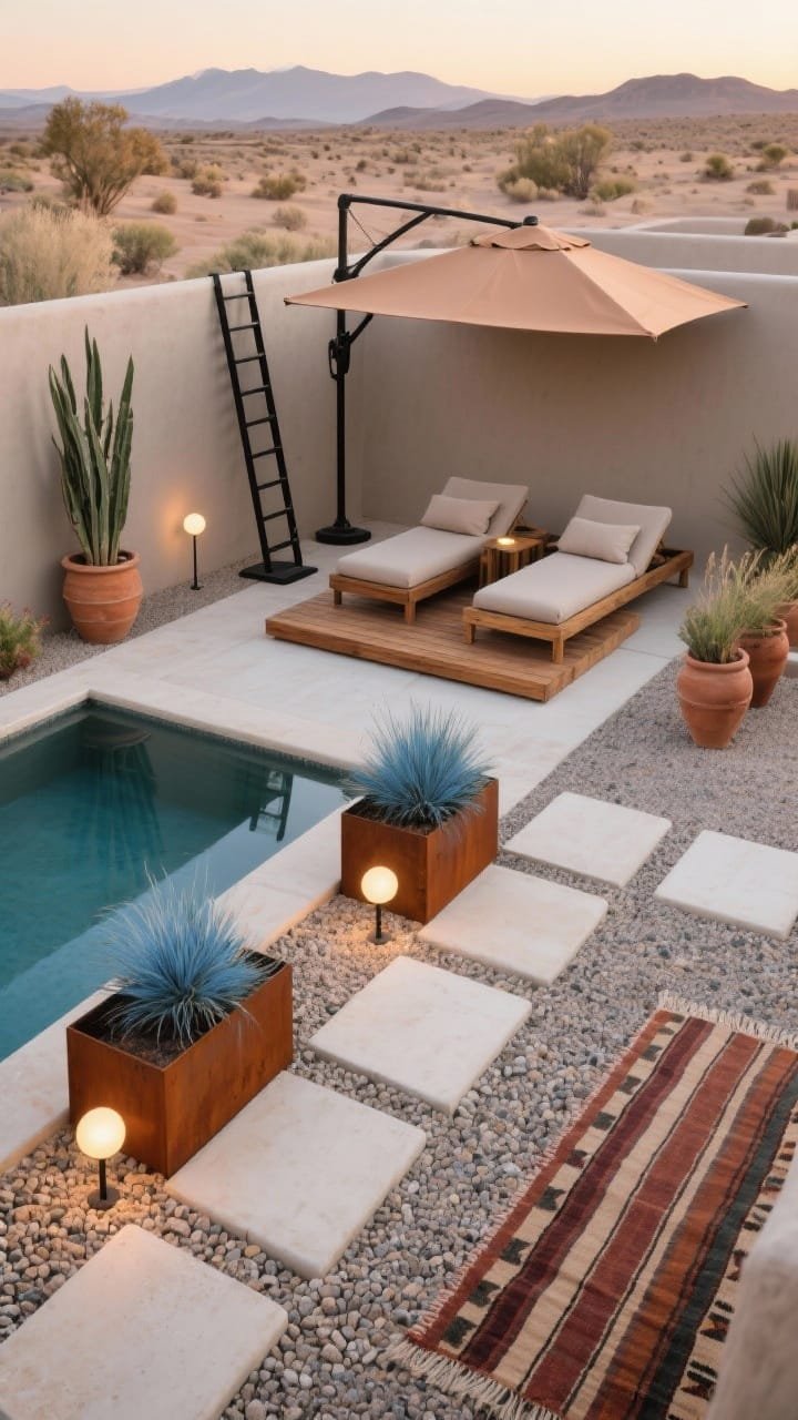 Overhead/oblique wide shot at late afternoon: Desert-modern scene with an above-ground pool set within decomposed granite or pea gravel, intersected by square concrete pavers in a geometric path. Palette of warm taupe, rust, and off-white. Minimal black steel ladder, a sleek cantilever umbrella, and teak platform loungers with linen-look cushions. Raised corten steel planters host blue fescue, agave, and upright yucca. Decor includes terracotta pots at varied heights and a striped kilim outdoor rug. Lighting for dusk: ground-level spotlights grazing the planters and soft globe stake lights. A rectangular shade sail in sand or clay anchors the composition. No people, photorealistic.