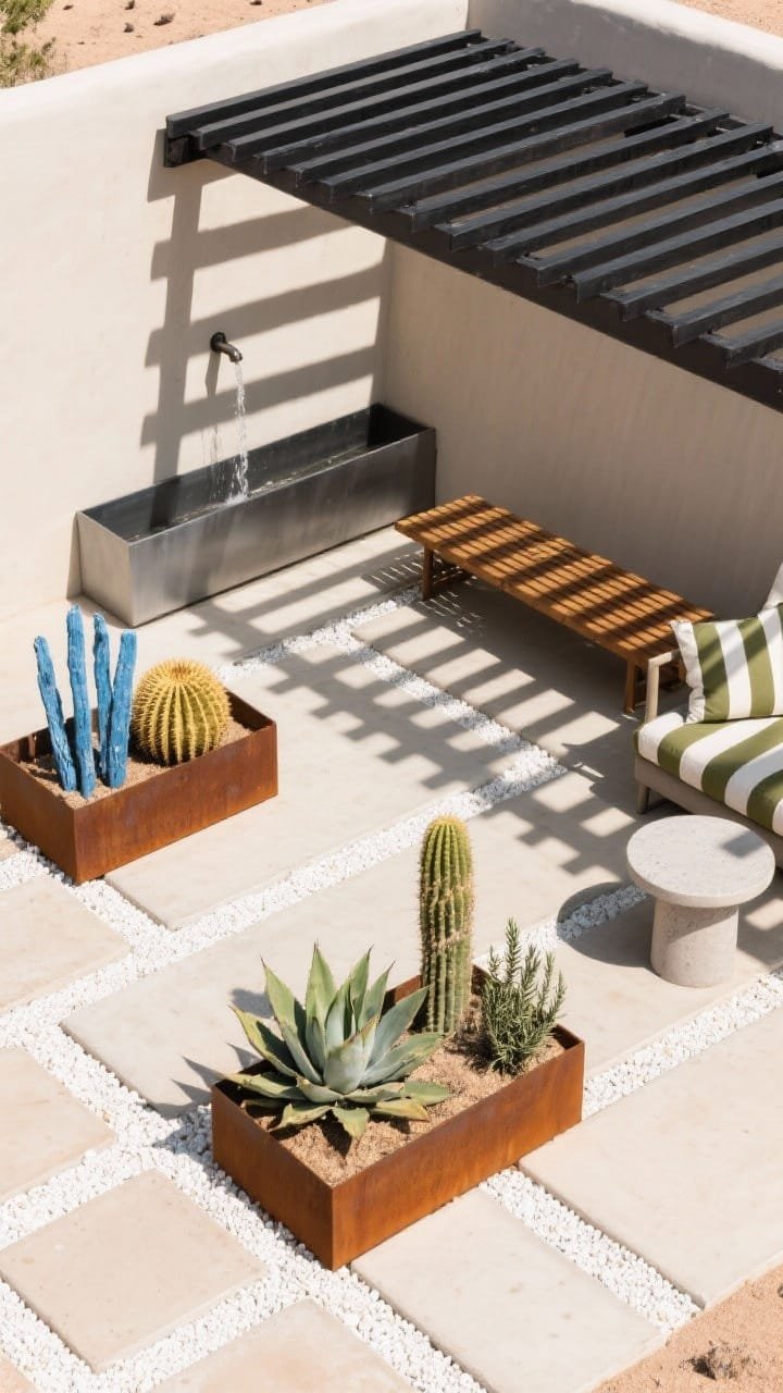 Overhead shot, graphic composition: Desert-modern courtyard with pale concrete pavers interrupted by crisp bands of small white gravel forming clean negative space. Two low Corten steel planters in a staggered layout display sculptural plantings: Agave attenuata, blue chalk sticks, golden barrel cacti, and upright rosemary. Slim black pergola slats cast sharp linear shadows across the scene; a wall-mounted water spout pours into a shallow steel trough along one edge. A slatted ipe bench with narrow profile and a round concrete side table sit nearby, with olive and ecru striped outdoor cushions. Palette of clay, chalk, olive, and inky black, under bright, dry midday sunlight.