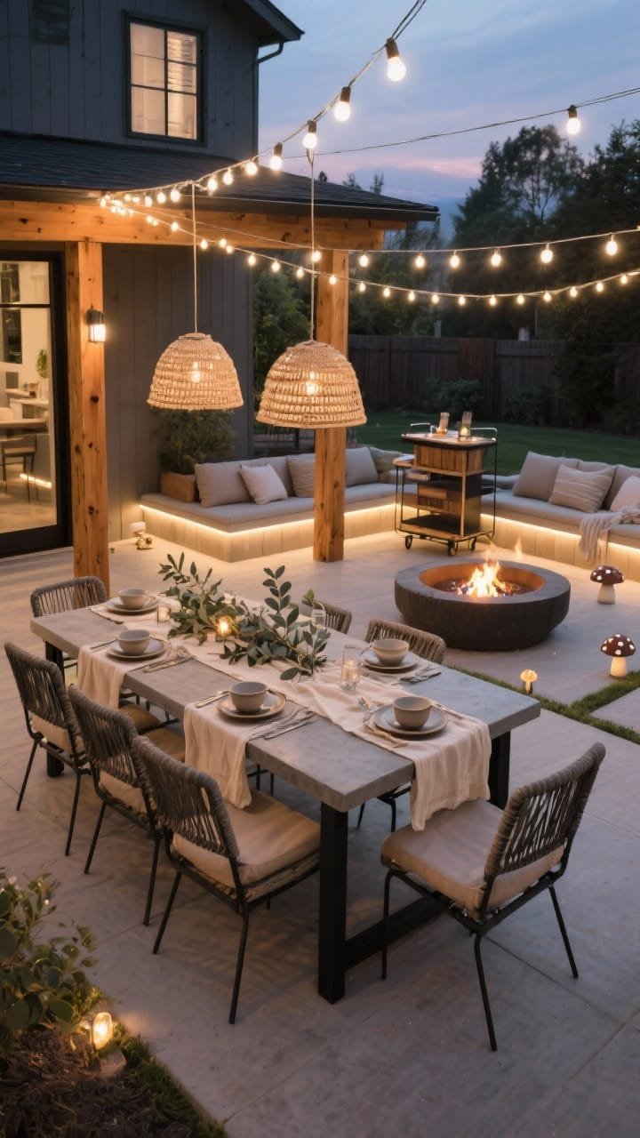 Overhead three-quarter shot of an entertaining patio at twilight: Warm white café string lights zig-zag across a dining area anchored to the house and cedar posts. A concrete dining table centered under the glow with woven outdoor pendants on a dimmer above. A wide circular gas fire pit off to the side for lounging. Under-bench LED strip lighting creates floating edges on built-in seating; small mushroom path lights guide toward a bar cart. Linen runners, eucalyptus stems, stackable chairs, ceramic dinnerware. Palette of honey wood, oatmeal linens, matte black, warm white (2200–2700K). Festive, photorealistic, no people.