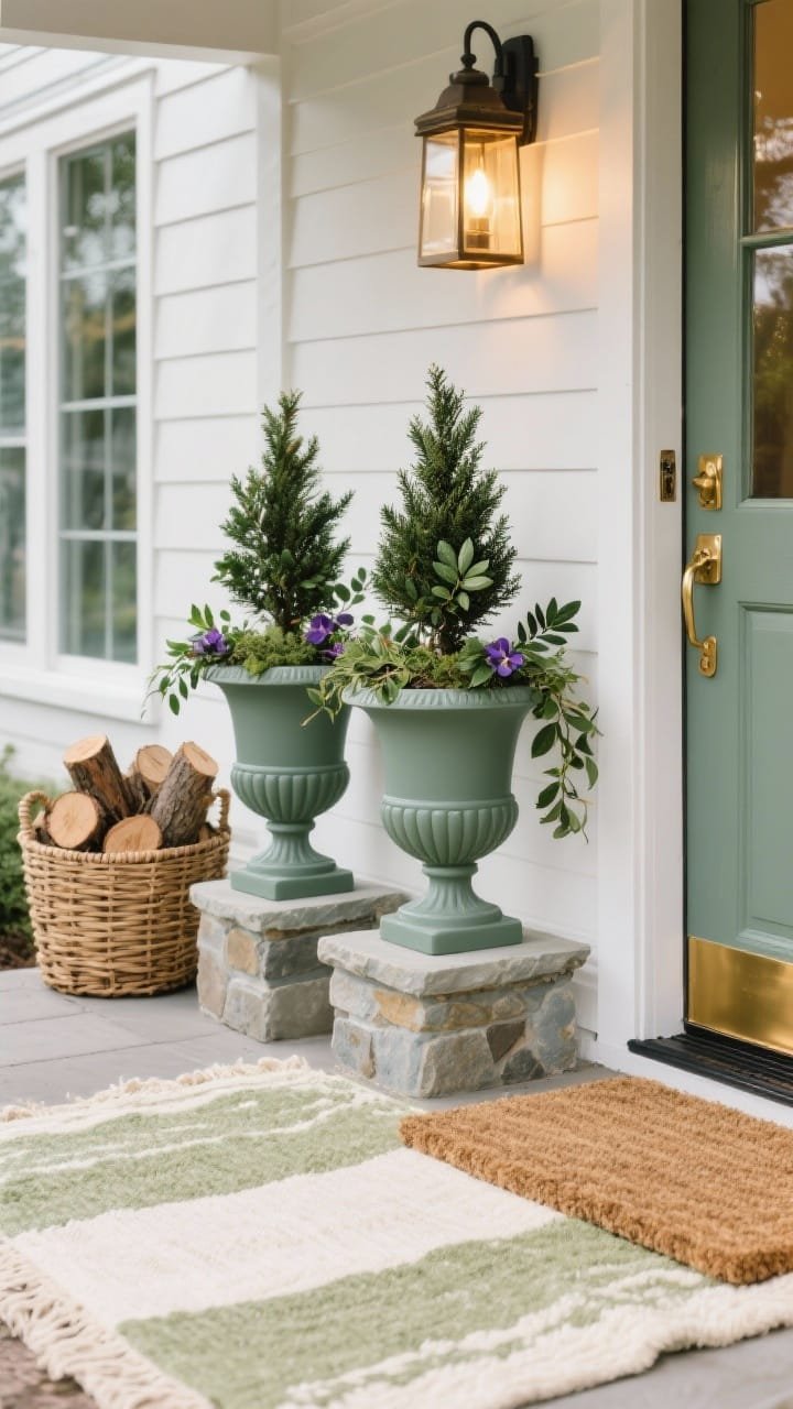 Photorealistic closeup detail shot at a modern cottage entry: a pair of classic urn-shaped planters in matte sage (or deep forest) painted resin set on stone plinths. Each urn holds a small bay laurel or dwarf spruce with seasonal underplanting accents (suggest a mix like trailing ivy and pansies). Show the brass kick plate at the door edge, a woven basket planter filled with cut logs nearby, and a warm pendant lantern overhead casting a soft glow. Layered textiles: a coir doormat over a cream-and-olive outdoor rug. Color palette: sage, cream, warm brass, soft white, natural rattan. No people.