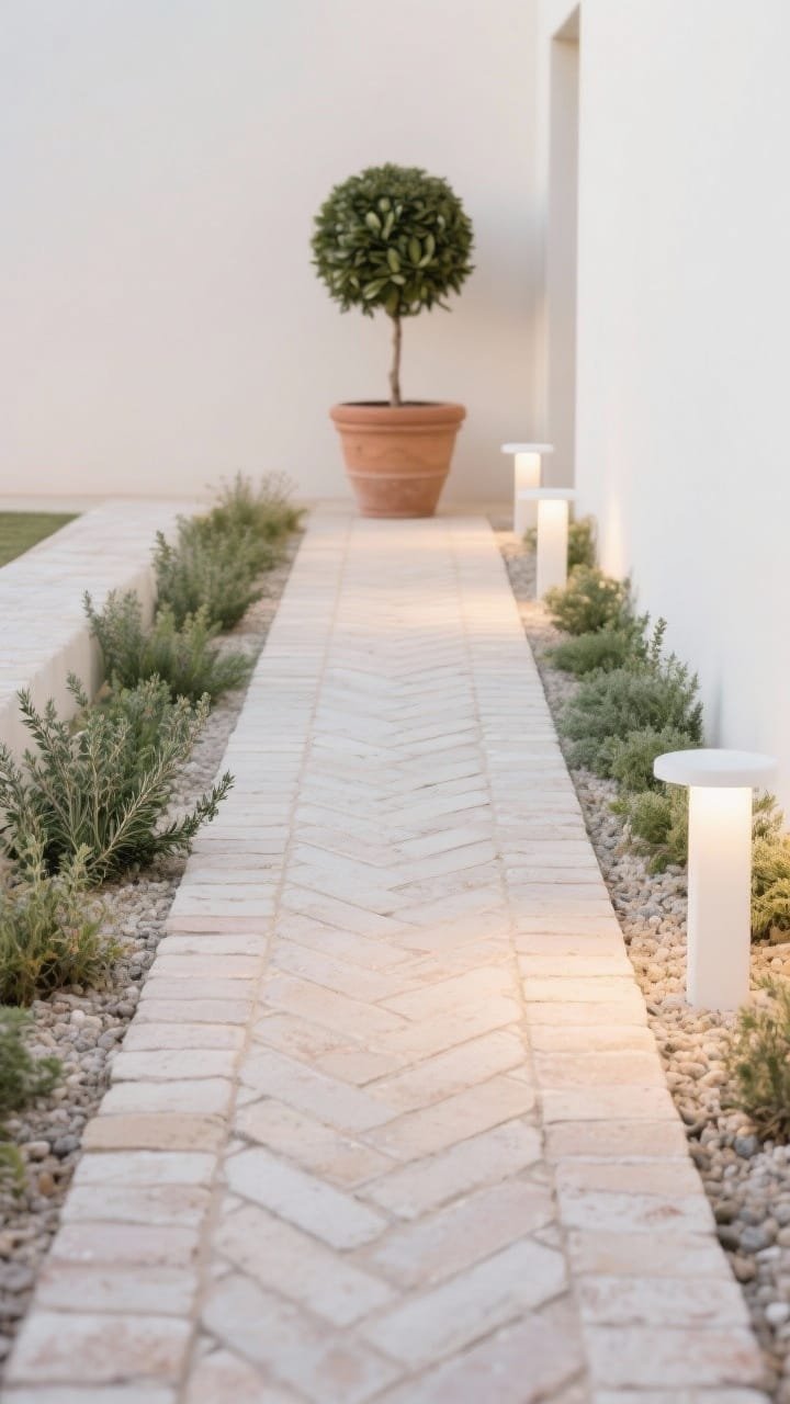 Photorealistic closeup, straight-on detail of a limewashed slim-brick path in a tight herringbone pattern, the pale, chalky patina showing soft wear; foreground emphasis on brick texture and crisp joints, framed by a narrow gravel apron on both sides; neat rows of low-growing herbs—thyme, oregano, compact rosemary—form clipped borders releasing a hint of fragrance; in soft background, a simple terra-cotta planter with a ball-shaped bay laurel as focal note; warm white evening bollard lights spaced widely create a gentle rhythm of illumination; color story of warm whites, sandy blush, and olive greens, evoking serene Mediterranean minimalism