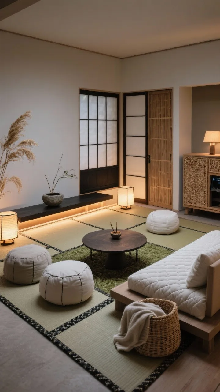 Photorealistic corner-angle medium shot of a Tatami-Inspired Floor Lounge: tatami-style floor mats layered beneath a tight-weave neutral rug; low seating with floor cushions and a quilted daybed; platform coffee table with rounded corners; woven shoji screens or sliding-style panels subtly zoning the space; a slim bench altar against the wall styled with incense, a stone bowl, and a single ikebana arrangement; warm low lantern lamps and dimmable strip lighting tucked under the bench; colors of wheat, moss, natural black, rice paper white; cotton floor poufs and a seagrass basket for blankets; cane-door cabinet discreetly hiding tech; evening cozy glow, grounded and tranquil, no people.