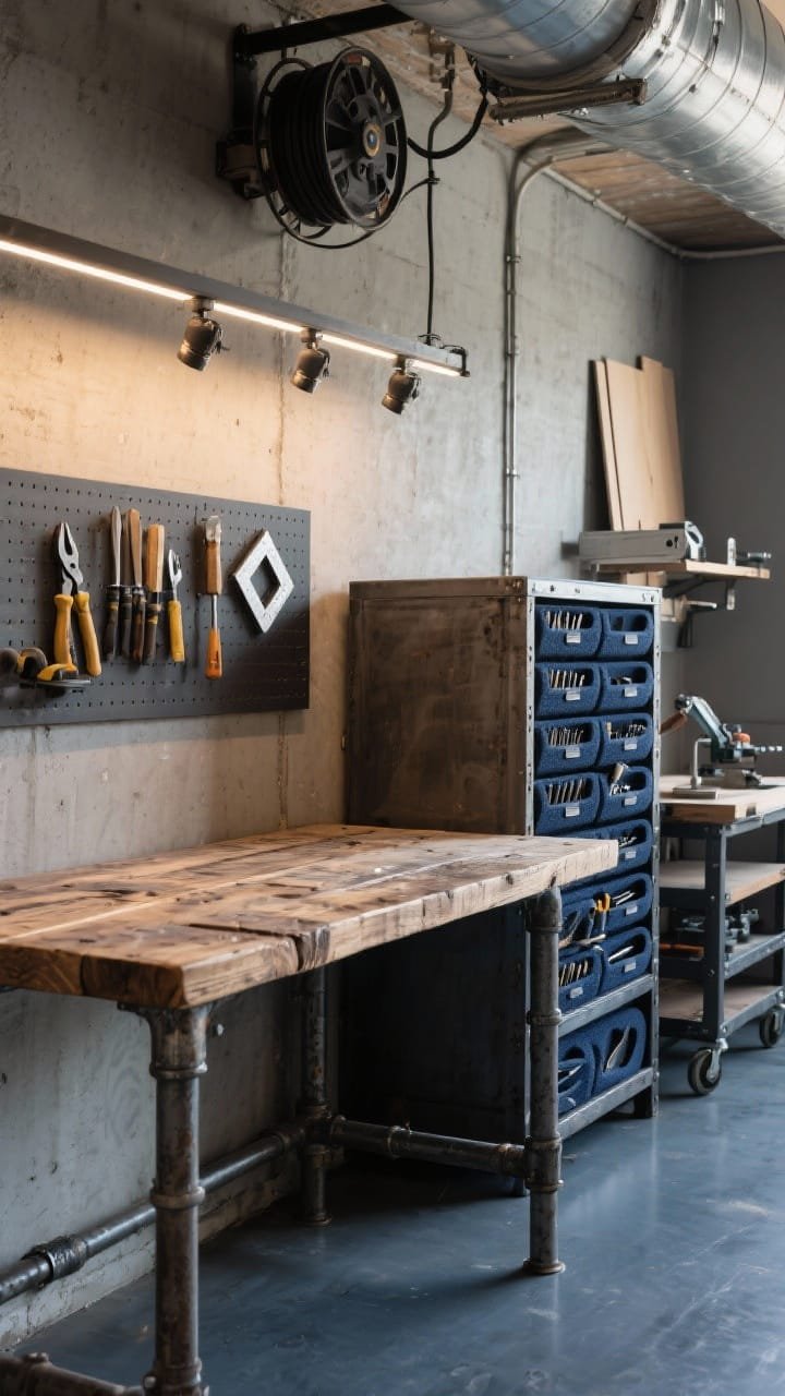 Photorealistic detail closeup, angled from bench height: an industrial maker micro-studio work zone focusing on textures and tools. Foreground: reclaimed wood workbench with visible grain and patina, supported by raw steel pipe legs. A magnetic tool strip mounted at eye level holds chisels, pliers, and a square. Nearby, stacked drawer towers with open drawers reveal custom foam inserts for drill bits, routers, and specialty blades. Overhead, the edge of a ceiling-mounted retractable power reel. Background hints of a fold-out panel saw guide on the wall and a rolling clamp cart below. Lighting: track lighting with pivoting heads, warm neutral temperature, glancing off concrete gray surfaces; low-sheen epoxy on the floor subtly reflects deep navy accents. Gritty, efficient, maker-ready mood.