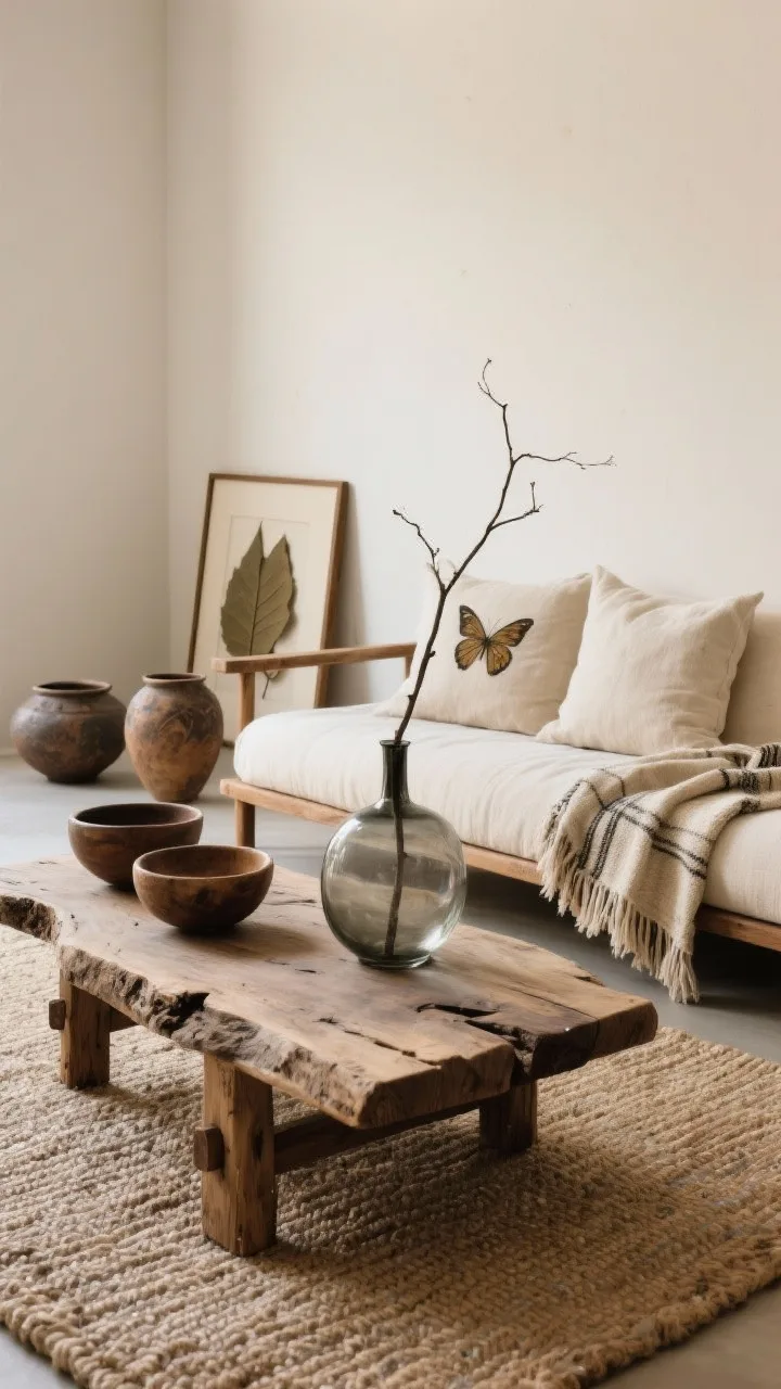 Photorealistic detail closeup capturing Wabi-Sabi Natural Layers: low angle on a live-edge coffee table with butterfly joints atop a chunky, uneven-tone flatweave jute rug; part of a wood-frame futon-style sofa with ecru cotton cushions in frame; nubby linen pillows and a hand-loomed throw with fringed edge draped casually; vintage wood bowls and raku pottery grouped simply; framed pressed leaves leaning on a softly warm putty white wall; a smoky glass vase with a single organic branch as the understated centerpiece; soft natural daylight, imperfect textures emphasized, negative space, no people.