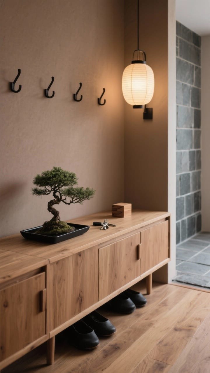 Photorealistic detail closeup, slightly angled, focusing on a Japandi zen threshold surface vignette: warm taupe wall backdrop, top of a low ash-wood shoe cabinet with concealed handles. On the surface, a small bonsai and a matte black tray with keys—minimal, intentional arrangement. Soft glow from a nearby paper lantern sconce casting gentle, diffused light. In the background, a hint of rectangular slate tiles transitioning to smooth oak flooring; slim black metal peg hooks aligned in a tidy row on the wall. Optional subtle hinoki diffuser or cedar blocks visible. Quiet, meditative, restrained mood, no people.
