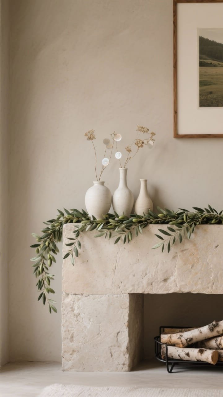 Photorealistic detail closeup, straight-on crop focusing on the “Japandi Greenery Line”: warm greige wall and a limestone or plaster-look mantel with a single long garland of olive branch or ruscus running perfectly straight edge-to-edge—no overhangs. Interspersed are a few dried lunaria stems with translucent, pearly discs catching soft natural light. Three hand-thrown off-white ceramic vases in different heights sit spaced along the line. A muted, simple wood-framed landscape is partially visible above. In the lower frame edge, a hint of a neat birch log stack in a black metal cradle. Palette: greige, soft stone, sage, olive, bone. Soft, diffuse daylight; serene, tactile mood.