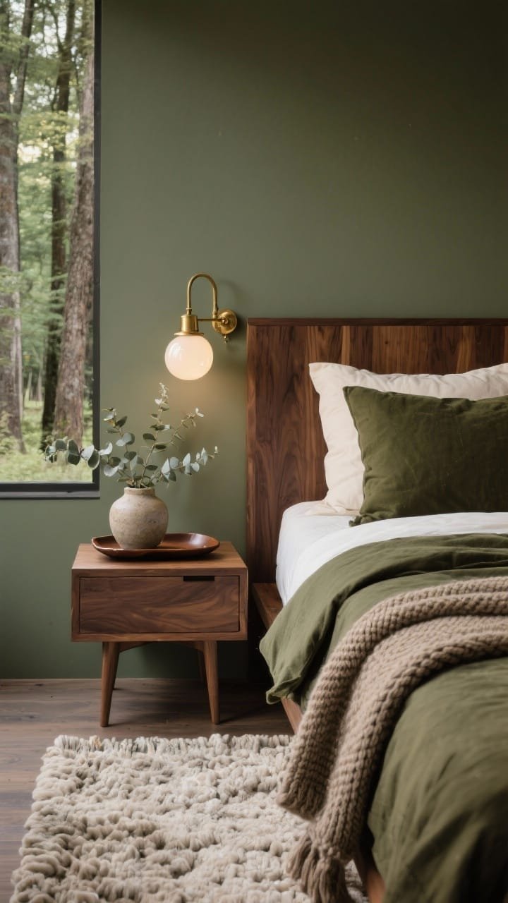 Photorealistic detailed closeup of materials and lighting in a forest retreat: walnut waterfall nightstand next to a slim-profile walnut panel bed, moss gray-green wall softly shifting in natural light, chunky wool rug in heathered cream visible at the bedside, bedding layers in deep olive and soft taupe with a knit merino throw folded at the edge, antique brass sconce with opal glass globe glowing warmly above, leather tray with a stoneware vase holding eucalyptus on the nightstand; palette of moss, olive, walnut, cream, brass; refined, woodsy feel, no people.