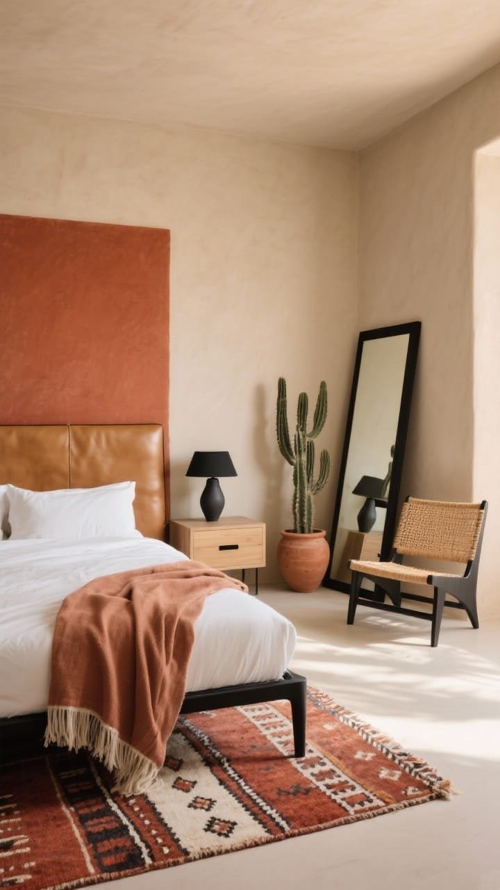 Photorealistic medium corner angle of a desert modern bedroom: sand beige walls with a single rich terracotta accent wall, streamlined bed featuring a camel leather headboard and matte black metal legs, flatweave kilim rug in rust and ivory partially under the bed, cotton gauze throw in clay over off-white percale sheets, light ash wood nightstands with slim black pulls topped with matte ceramic lamps in desert tones, black-framed floor mirror leaning nearby, woven cane chair, terra-cotta pot with a sculptural cactus; palette of sand, terracotta, rust, black, bone; warm late-afternoon light, crisp lines, unfussy styling, no people.