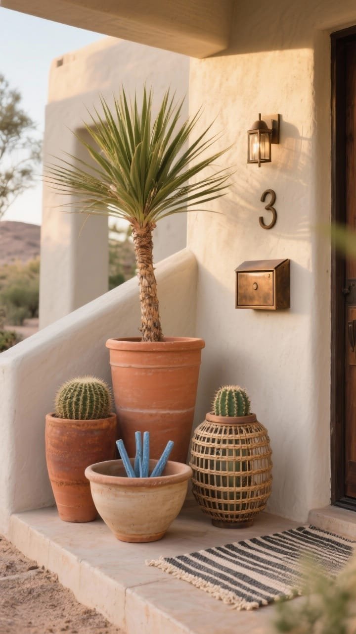 Photorealistic medium corner-angle shot of a desert modern porch vignette: a clustered trio of planters in terracotta, sand, and rust tones, varying heights and shapes—tall tapered planter by the stair with a yucca (or Madagascar palm), a wide bowl with blue chalksticks, and a low pot with a barrel cactus. Add a woven outdoor lantern and a striped flatweave runner tying the scene together. Include oil-rubbed bronze house numbers and a boxy mailbox in frame. Warm late-afternoon light enhancing clay textures and terra hues; materials include clay, glazed ceramic, faux-stone composites. Color palette: terracotta, sand, rust, muted sage, oxidized bronze. No people.