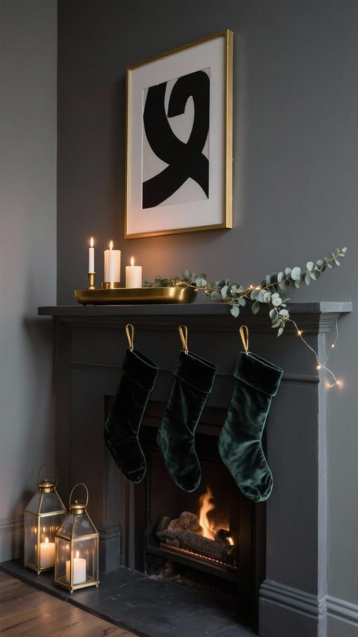 Photorealistic medium, moody corner-angle shot of a “Charcoal & Brass Glow” mantel: charcoal-painted mantel against a slightly lighter gray wall, clean lines and no ornate detailing. On the shelf, a narrow brass candle trough centered with three unscented taper candles at varying heights, a single airy strand of eucalyptus running linearly, with a subtle battery-powered micro-light wire woven through for a soft glow. Above, one oversized black-and-white abstract print in a thin brass frame. Black velvet stockings hang via slim brass clips. On the hearth, two smoked glass lanterns with pillar candles emit a warm, diffused light. Palette: charcoal, slate gray, brass, deep green. Low, dimmed lighting; elegant, modern, quietly festive mood.