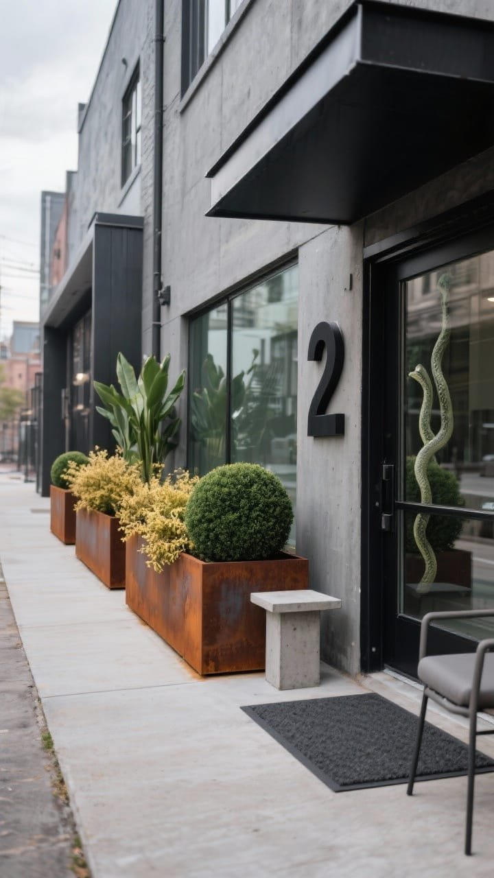 Photorealistic medium shot along an urban industrial entry walkway viewed from a slight side angle: a row of low rectangular Corten steel planters with rich rusted patina. Planting sequence shows boxwood spheres in the first, golden barberry or heuchera for color contrast in the next, and upright snake plants nearer the glass entry. A black steel awning and a slim-framed glass door echo the geometry; oversized black house numbers and a minimal charcoal doormat visible. Include a concrete side table and a compact outdoor chair forming a micro-lounge. Overcast or late-day light emphasizing weathered rust, charcoal, deep green, and concrete gray textures. No people.