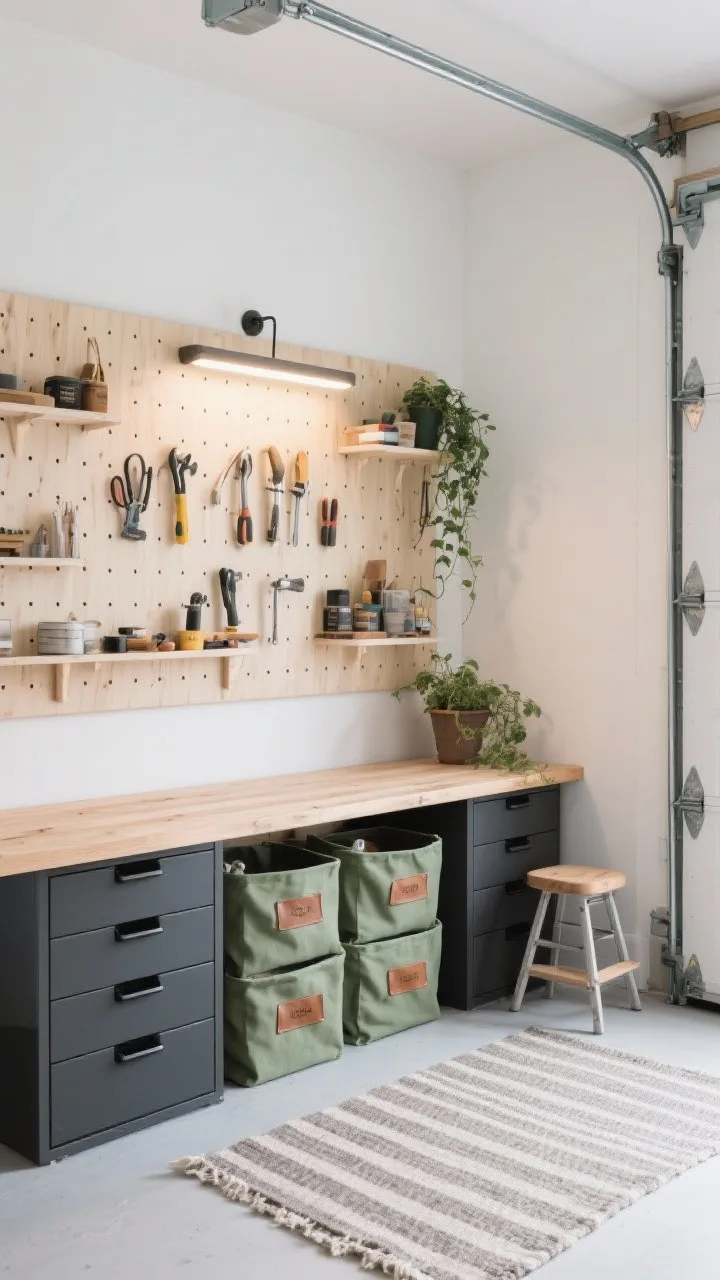 Photorealistic medium shot, corner angle: a Scandinavian workshop nook in a small garage with soft matte white walls and pale ash wood tones. A birch plywood pegboard wall holds modular hooks and slim shelves with neatly arranged hand tools and craft supplies. A floating butcher-block workbench with matte-black slim drawer pulls spans the wall. Under the bench sit stackable canvas bins with leather labels. A linear LED task light is mounted beneath a slim shelf, casting clean, shadow-free illumination on the work surface. Add a flat-weave indoor/outdoor rug in muted stripes on the floor, a compact folding stool tucked beside the bench, and a small planter with trailing greenery softening the edge of the pegboard. Color accents: charcoal and a hint of sage green. Calm, cozy-modern, warm and orderly.