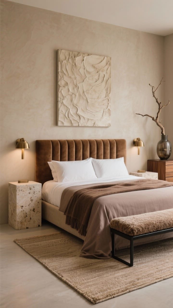 Photorealistic medium shot focusing on luxe earth tones and stone details: warm greige walls, channel-tufted cocoa velvet headboard, travertine cube nightstands flanking the bed, brushed bronze sconces casting soft light, thin black metal bench with a bouclé cushion at the foot, flatweave rug in mushroom, tonal bedding—linen duvet in taupe, almond sateen sheets, coffee-colored throw, large abstract textured canvas centered above the bed, rounded stone pedestal with a single sculptural branch near the corner, fluted wood dresser partially visible with a smoked glass vase; grounded, minimal, boutique-hotel vibe, no people.
