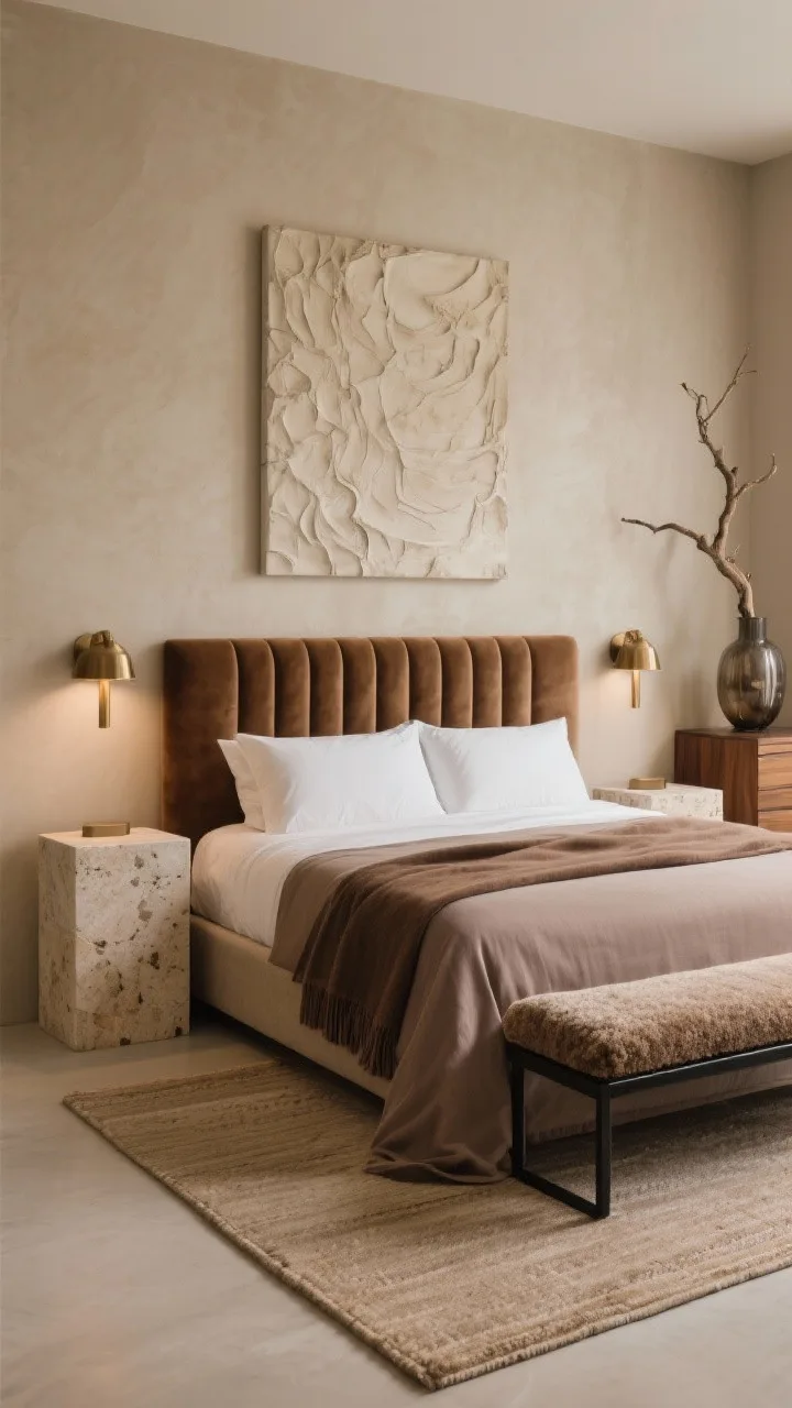 Photorealistic medium shot focusing on luxe earth tones and stone details: warm greige walls, channel-tufted cocoa velvet headboard, travertine cube nightstands flanking the bed, brushed bronze sconces casting soft light, thin black metal bench with a boucl&eacute; cushion at the foot, flatweave rug in mushroom, tonal bedding&mdash;linen duvet in taupe, almond sateen sheets, coffee-colored throw, large abstract textured canvas centered above the bed, rounded stone pedestal with a single sculptural branch near the corner, fluted wood dresser partially visible with a smoked glass vase; grounded, minimal, boutique-hotel vibe, no people.