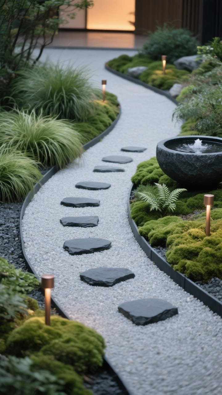 Photorealistic medium shot from a low, slightly angled perspective of a slim, winding ribbon of pale, soft gray gravel bordered by crisp black steel edging, with evenly spaced charcoal/graphite stepping stones guiding the stride; flanking plantings include tufted Hakonechloa (Japanese forest grass), small mounds of dwarf mondo grass, moss patches, and a few small ferns for movement and texture; a single basalt bowl fountain sits off to one side as a quiet accent; warm dusk lighting with low bronze spike lights tucked into greenery casting subtle pools of light; palette muted and meditative: soft grays, graphite, mossy greens; no people, calm Zen atmosphere, minimal composition, shallow depth of field to emphasize the path’s flow