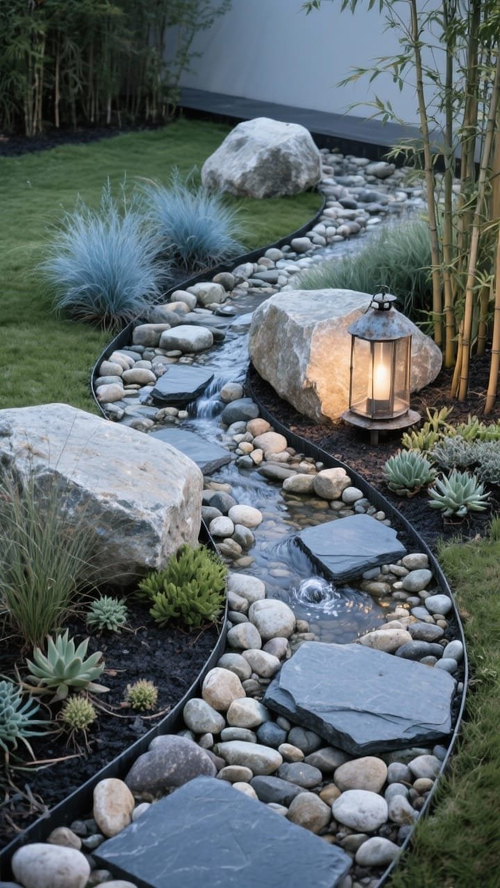 Photorealistic medium shot from a slightly elevated corner angle of a meandering dry creek bed composed of smooth river stones in mixed sizes (pebble creams, dove grays, slate), with a few flat basalt or bluestone pads as stepping points; two to three sculptural boulders positioned asymmetrically as anchors; sparse, textural planting of blue oat grass, dwarf bamboo, and small succulent clusters echoing stone shapes; a single weathered steel lantern providing a gentle evening glow; optional subtle water sound suggested by a hidden bubbler under one boulder; natural, grounded, tactile mood with weed-barrier neatness and lightly refreshed stones