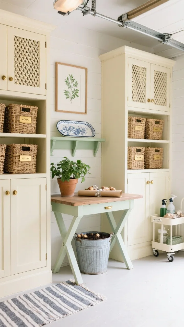 Photorealistic medium shot, straight-on: a cottage-chic utility pantry along a small garage wall. Shaker-style tall cabinets with ventilated cane doors in warm cream flank open shelving. Soft olive accents and brushed brass hardware. On the wall, a potting shelf with a porcelain-coated tray; below it, a galvanized bucket for soil and bulbs. Open shelves lined with natural wicker baskets, each tagged with brass label frames. A fold-down table painted to match cabinet fronts extends for gift wrapping or plant repotting. A framed botanical print hangs above a striped runner laid along the floor. A slim rolling cart tucks beside the cabinets for easy-access cleaners. Light, tidy, bright, charming atmosphere.