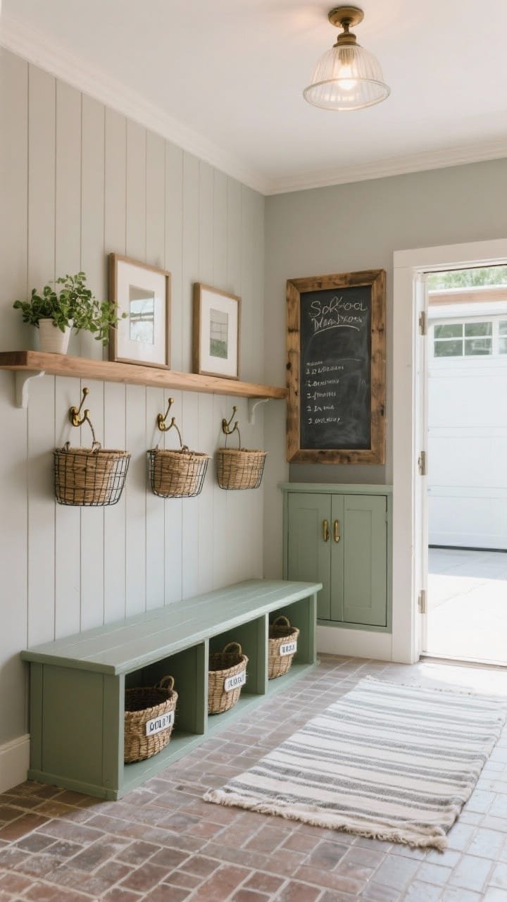Photorealistic medium shot, straight-on of a modern farmhouse mudroom-lite entry: soft greige walls with board-and-batten topped by a slim oak ledge displaying simple frames and greenery. Painted sage three-cubby bench with labeled wire baskets. Antiqued brass hooks mounted on the battens. Floor in porcelain tile that convincingly mimics brick, with a striped cotton runner adding softness. Overhead milk-glass schoolhouse flush mount providing warm, even illumination. Chalkboard panel glimpse inside a partially open cabinet door for quick lists, and a rustic wood-framed mirror reflecting light from the garage bay. Cozy, durable, organized feel, no people.
