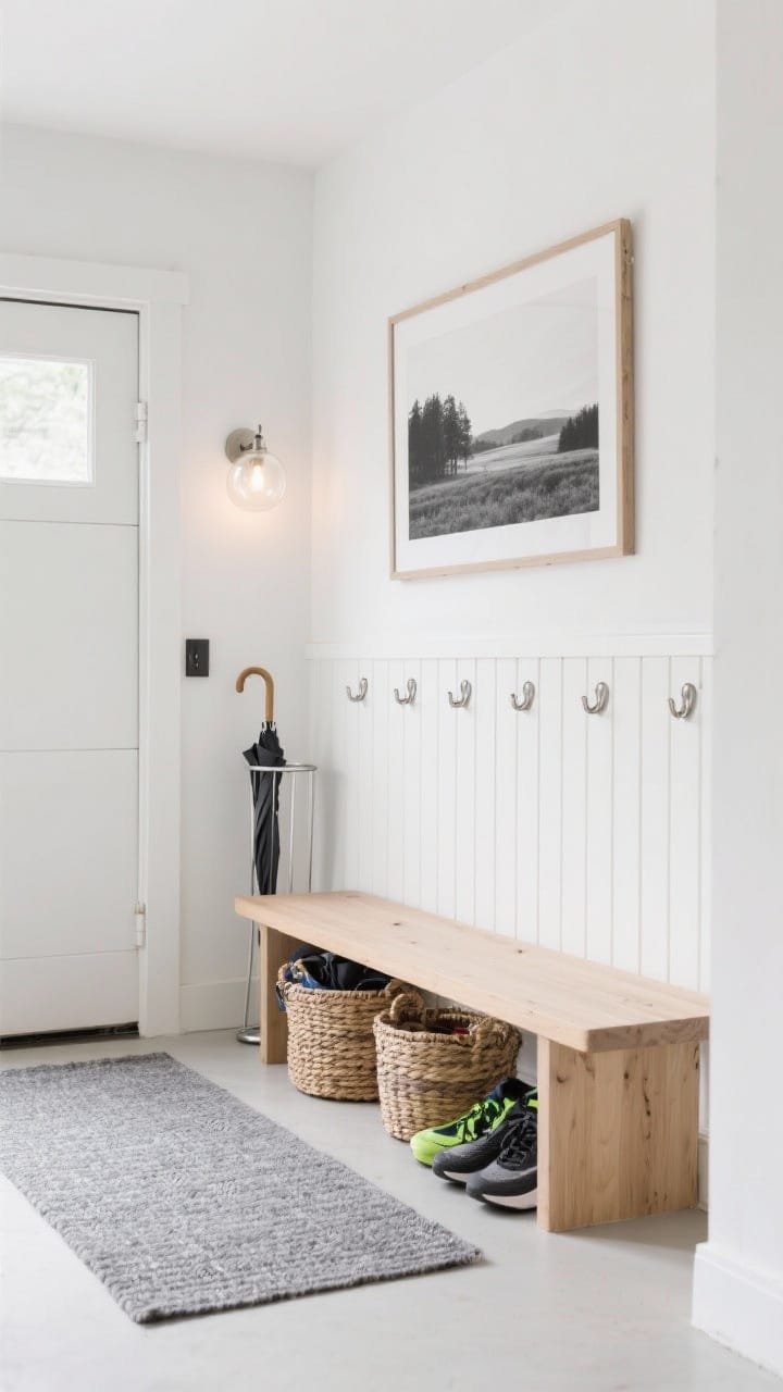 Photorealistic medium shot, straight-on view of a Scandinavian garage entryway: matte white walls, a pale oak bench with clean lines, slatted wood panel backing with integrated brushed nickel hooks, frosted glass globe sconce emitting a soft, even glow. Palette tight to white, oat, and soft gray. Heathered gray flat-weave runner on the floor handling foot traffic, two woven baskets tucked under the bench for shoes and sports gear. A single oversized black-and-white landscape artwork anchored above. Discreet wall-mounted umbrella stand in brushed nickel. Calm, airy, warm minimalist mood, no people.