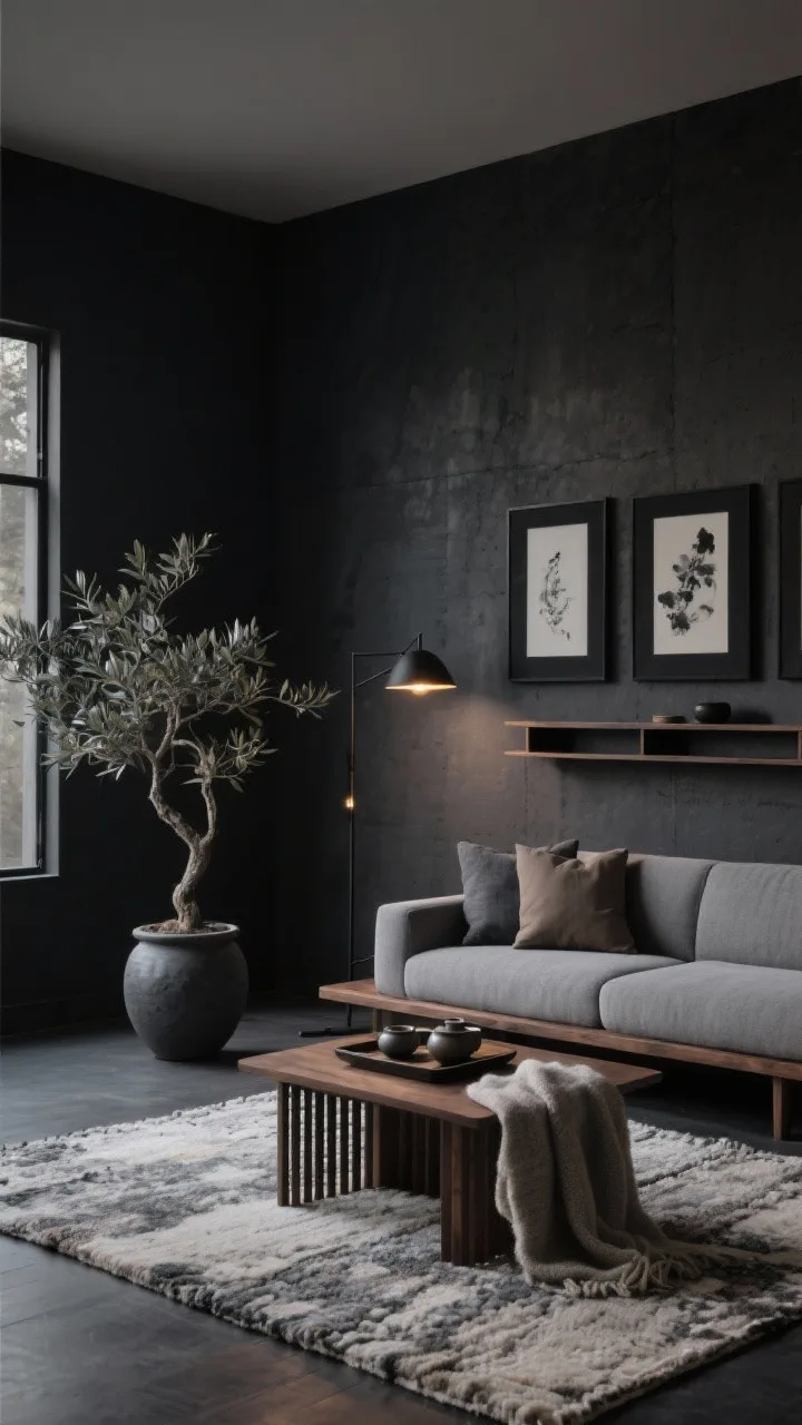 Photorealistic medium shot, straight-on view of a moody Japandi living room vignette: charcoal feature wall behind a clean-lined, low-profile pebble gray sofa; blackened oak media console and slender shelving; textures emphasized—hand-knotted wool rug in salt-and-pepper, slatted wood coffee table, linen cushions in slate and taupe; charcoal ceramic planter with a sculptural olive tree; palette of charcoal, graphite, smoked oak, soft gray; linear black floor lamp with warm 2700K bulbs creating a soft glow; minimal ink wash prints in black frames arranged as a gallery row; a stoneware tea set on a tray with a single wool throw; evening ambient lighting, calm and airy, no people.