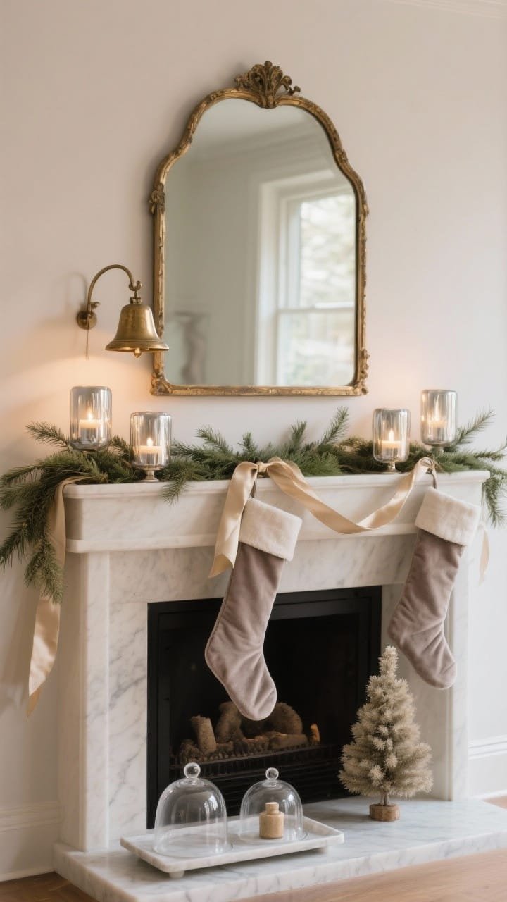 Photorealistic medium, slightly off-center angle of “Soft Metallic Neutrals”: pale mantel in warm white/light mushroom, layered with subtle sheen. A wispy cedar garland is woven with a matte champagne ribbon. A trio of smoky mercury glass votives glows softly across the shelf. One antique brass bell garland drapes asymmetrically, delicate and minimal. Above, an antique-style arched mirror with an aged brass frame reflects warm ambient light. Pale taupe velvet stockings with a narrow satin edge hang gracefully. On the hearth, a low marble tray holds two glass cloches, each covering a single small neutral bottlebrush tree. Palette: warm white, champagne, pewter, soft gold, gentle green. Warm, diffused evening lighting; luminous, whisper-glam mood.