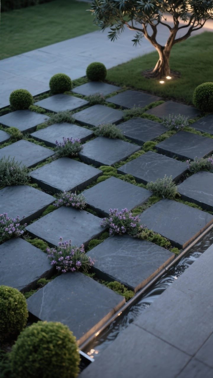Photorealistic overhead detail shot of a uniform grid of large dark charcoal concrete pavers (24–30 inch squares) with precise, even spacing filled by living joints of creeping thyme and Irish moss weaving between stones; edges of frame show low boxwood spheres for structure; in one corner, a hint of a minimalist rectangular water rill running parallel to the grid; distant soft blur of a sculptural multi-trunk olive or Japanese maple implied at the grid’s terminus; discreet in-ground uplights grazing foliage for a restrained evening mood; crisp, architectural minimalism with lush texture in the seams
