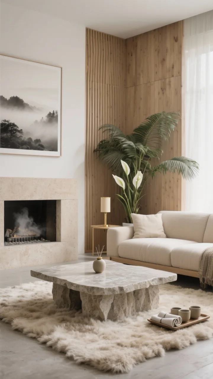 Photorealistic straight-on medium-wide shot, spa-like Zen Japandi living room: stone-look porcelain slab coffee table as anchor; low oatmeal sofa with waterfall skirt; latte-toned plaster fireplace or mantel shelf adding warmth; one wall clad in ribbed wood paneling for rhythm; thick cloudlike shaggy wool rug underfoot; subtle accents of brushed brass—a slim picture light and a small tray; large fern or peace lily for lush greenery; minimalist diffuser suggesting hinoki/cedar/bergamot scent; monochrome photography of misty landscapes on the wall; stoneware cups and rolled linen napkins arranged in a shallow tray; soft, steamy spa-level serenity with diffused daylight, no people.