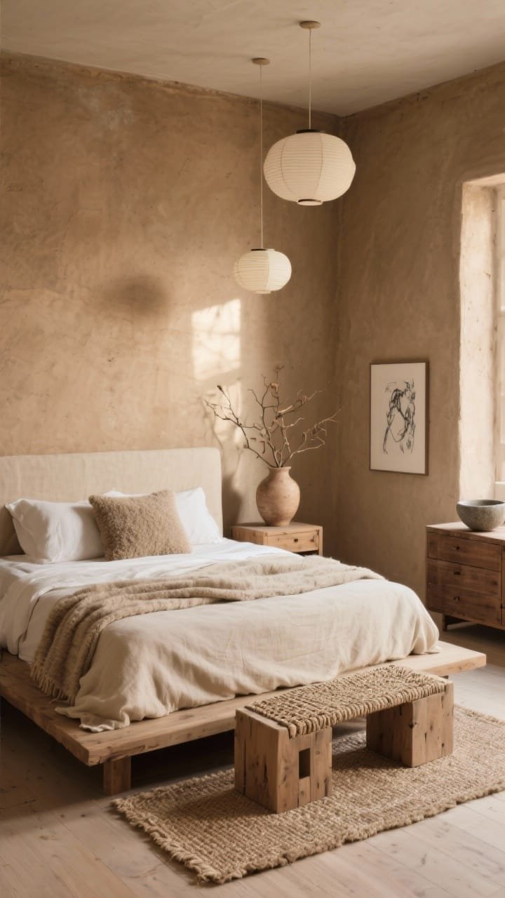 Photorealistic wide bedroom shot, Wabi-Sabi sanctuary mood: hand-troweled clay walls in warm mushroom catching natural side light, low solid oak platform bed with raw stonewashed beige linen headboard, heavy flax linen duvet in bone with a nubby throw and a wool bouclé pillow, oversized jute rug on pale oak flooring, woven jute bench at the foot of the bed, chunky unfinished wood cube nightstands, rice-paper pendants floating softly overhead, minimal decor—a single handmade ceramic vase with foraged branches, a stone bowl on the dresser, and a framed charcoal sketch; palette of mushroom, bone, oatmeal, soft brown; serene and tactile, calm atmosphere, no people.