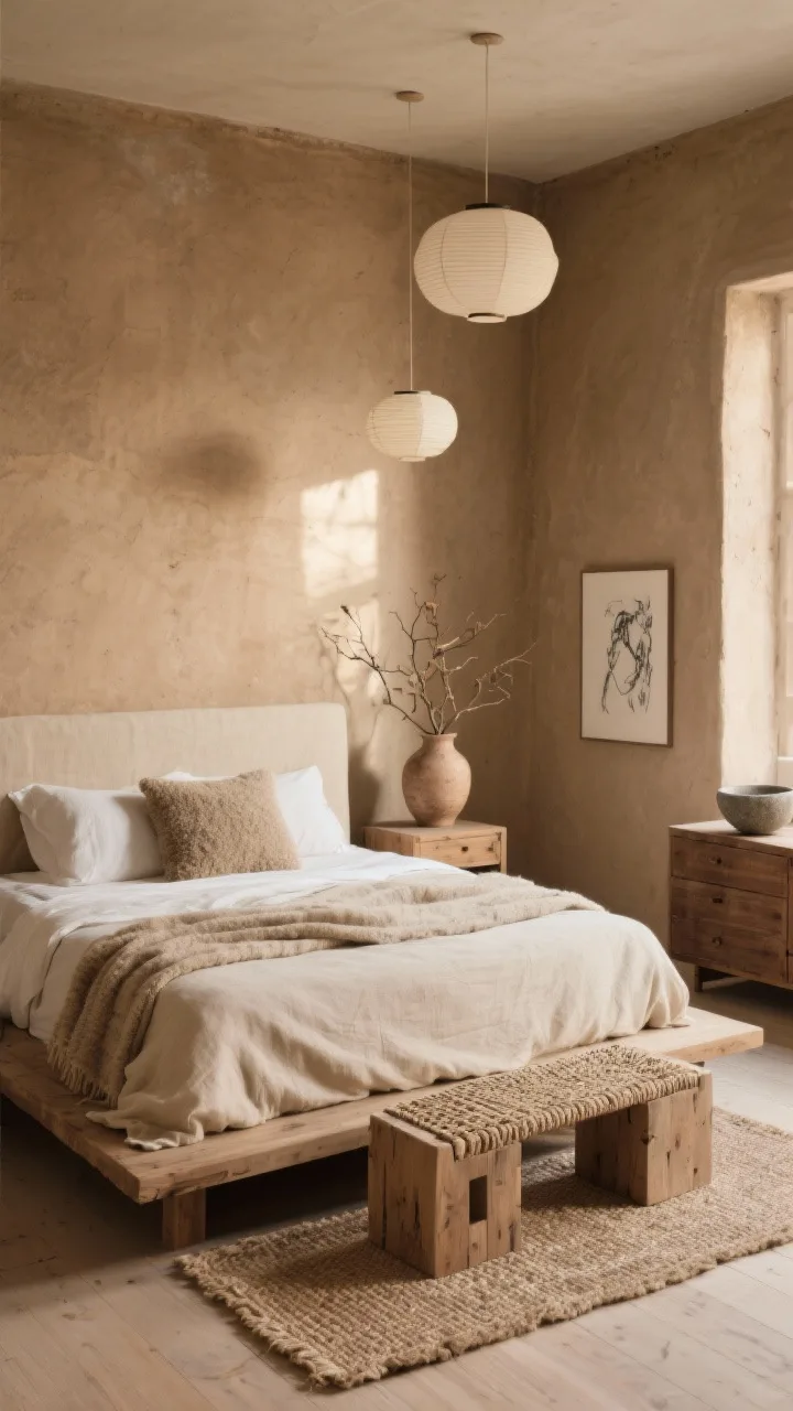 Photorealistic wide bedroom shot, Wabi-Sabi sanctuary mood: hand-troweled clay walls in warm mushroom catching natural side light, low solid oak platform bed with raw stonewashed beige linen headboard, heavy flax linen duvet in bone with a nubby throw and a wool boucl&eacute; pillow, oversized jute rug on pale oak flooring, woven jute bench at the foot of the bed, chunky unfinished wood cube nightstands, rice-paper pendants floating softly overhead, minimal decor&mdash;a single handmade ceramic vase with foraged branches, a stone bowl on the dresser, and a framed charcoal sketch; palette of mushroom, bone, oatmeal, soft brown; serene and tactile, calm atmosphere, no people.
