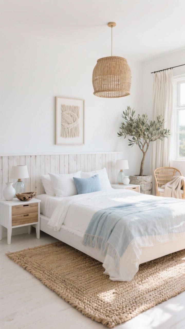 Photorealistic wide, bright coastal organic bedroom shot, straight-on: soft white walls, full-width bleached wood slat headboard as the focal feature, floating white oak nightstands, airy palette of stone, sand, and fog blue; ivory percale bedding with a gauzy linen coverlet and pale blue pillows, braided seagrass rug underfoot, rattan drum pendant overhead, ribbed glass bedside lamps, driftwood bowl and framed fiber art above one nightstand, white ceramic vessels, windows dressed in light-filtering linen ripple-fold curtains, caned accent chair, sandy-toned throw, tall olive tree in a stone planter; sunlit, breezy, no people.