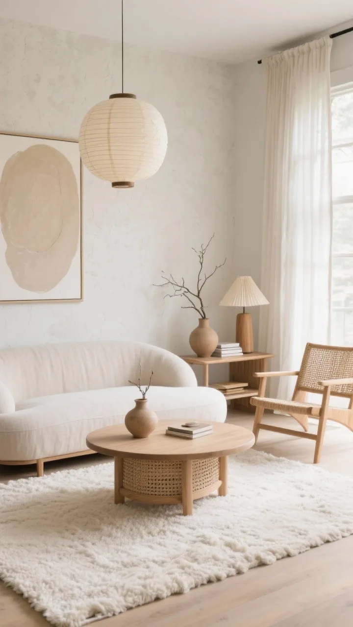 Photorealistic wide living room shot in Zen Japandi style, Soft Sand Sanctuary palette of soft sand, oat, warm white with hints of stone gray; limewash pale greige textured walls; a low rounded linen slipcovered sofa with gently curved back and slim oak legs; solid ash wood oval matte coffee table; woven rattan side chair; plush cream bouclé area rug anchoring the seating; overhead rice paper lantern and a wood-base paper lamp on a console; decor of unglazed clay vases with a single branch and stacked linen-covered books; a single oversized abstract artwork in beige tones; sheer flax drapery softening sunlight; bright natural daytime light, airy, serene, no people.