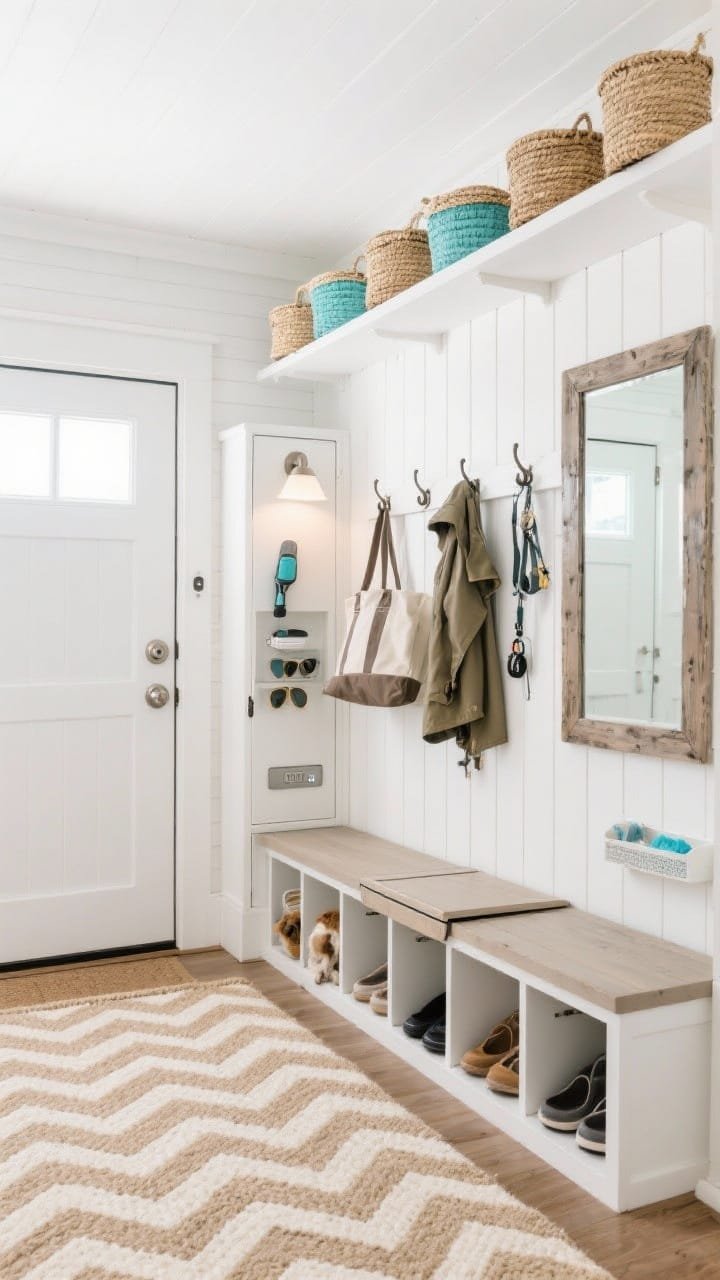 Photorealistic wide shot, entry perspective toward a garage door sidewall: a coastal compact mudroom-plus with sea-glass blue accents, crisp white beadboard paneling behind a built-in bench. The bench has a flip-top seat revealing shoe storage; sandy taupe tones in a herringbone outdoor rug in sand-and-ivory run along the floor. Staggered wall hooks hold totes, raincoats, and dog leashes. A narrow cubby tower organizes sunglasses and keys. At ceiling level, a long white shelf lined with lidded seagrass baskets. A slim wall-mounted cabinet conceals a cordless vacuum and cleaning caddy. A weathered wood mirror reflects light; a brushed nickel motion-sensor sconce by the door provides welcoming, practical illumination. Airy, beachy, bright atmosphere.