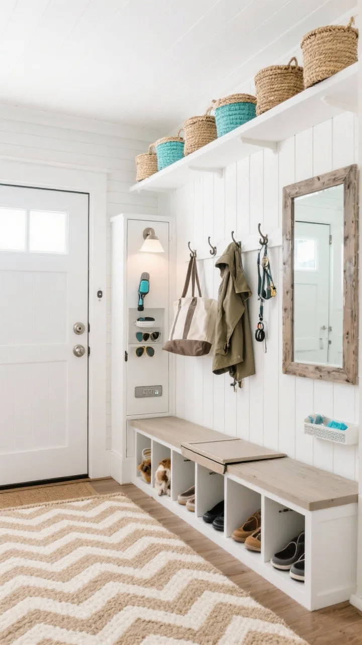 Photorealistic wide shot, entry perspective toward a garage door sidewall: a coastal compact mudroom-plus with sea-glass blue accents, crisp white beadboard paneling behind a built-in bench. The bench has a flip-top seat revealing shoe storage; sandy taupe tones in a herringbone outdoor rug in sand-and-ivory run along the floor. Staggered wall hooks hold totes, raincoats, and dog leashes. A narrow cubby tower organizes sunglasses and keys. At ceiling level, a long white shelf lined with lidded seagrass baskets. A slim wall-mounted cabinet conceals a cordless vacuum and cleaning caddy. A weathered wood mirror reflects light; a brushed nickel motion-sensor sconce by the door provides welcoming, practical illumination. Airy, beachy, bright atmosphere.